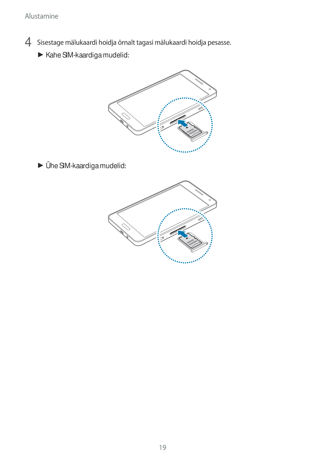 Samsung SM-A500FZDUSEB manual Kahe SIM-kaardiga mudelid Ühe SIM-kaardiga mudelid 