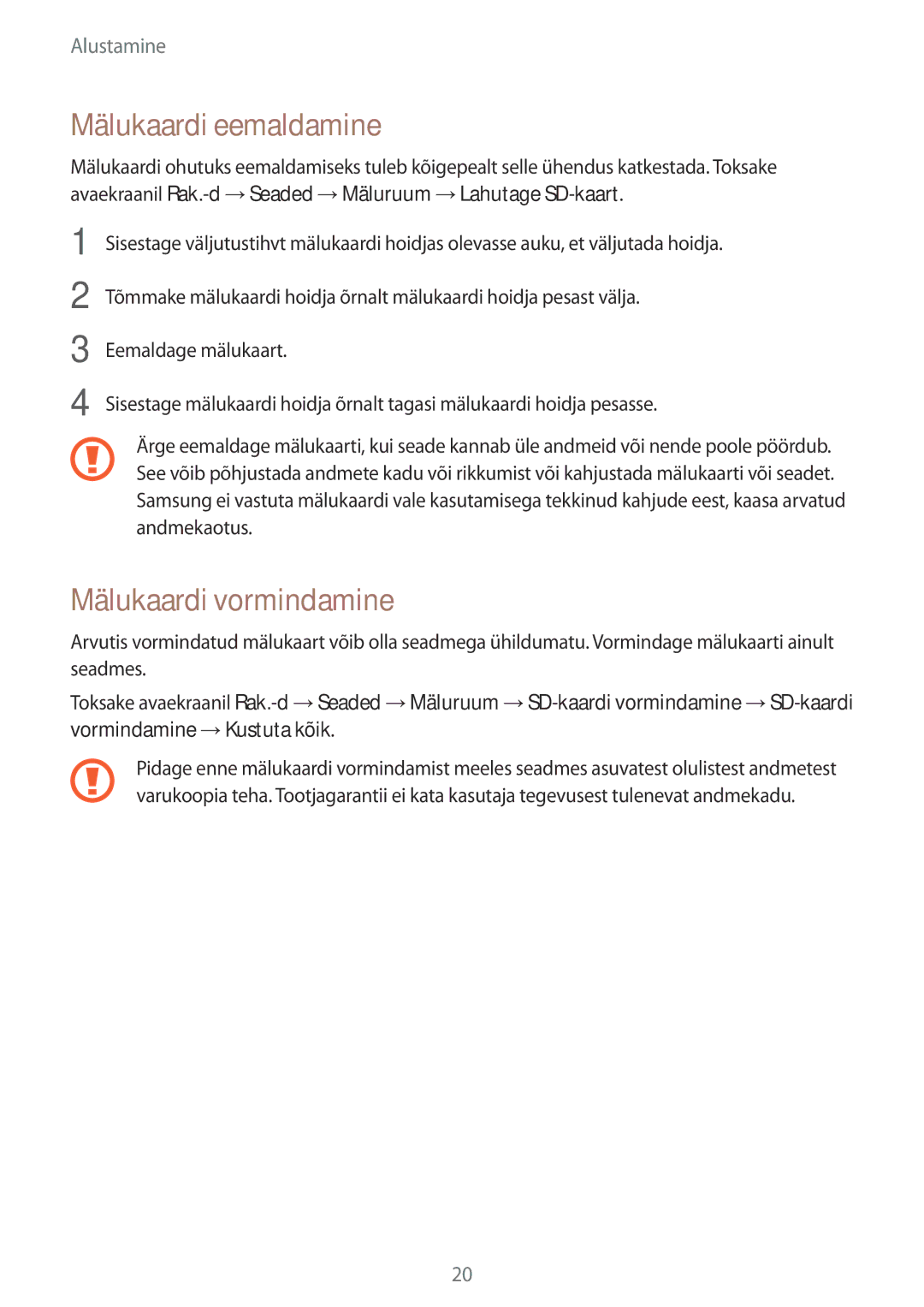 Samsung SM-A500FZDUSEB manual Mälukaardi eemaldamine, Mälukaardi vormindamine 