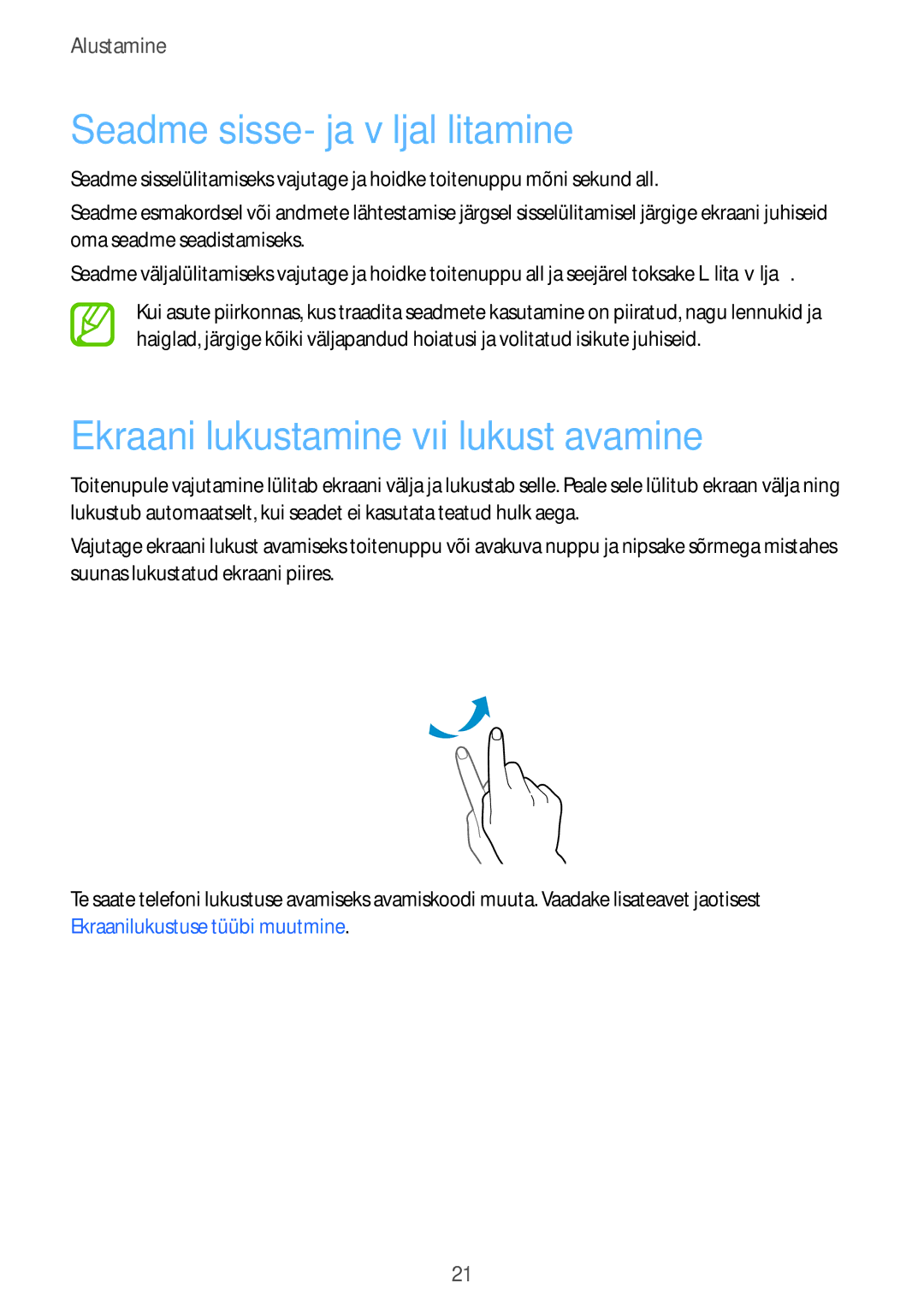 Samsung SM-A500FZDUSEB manual Seadme sisse- ja väljalülitamine, Ekraani lukustamine või lukust avamine 