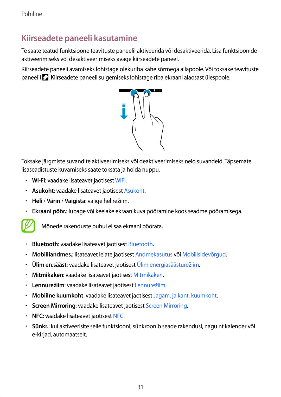 Samsung SM-A500FZDUSEB manual Kiirseadete paneeli kasutamine 