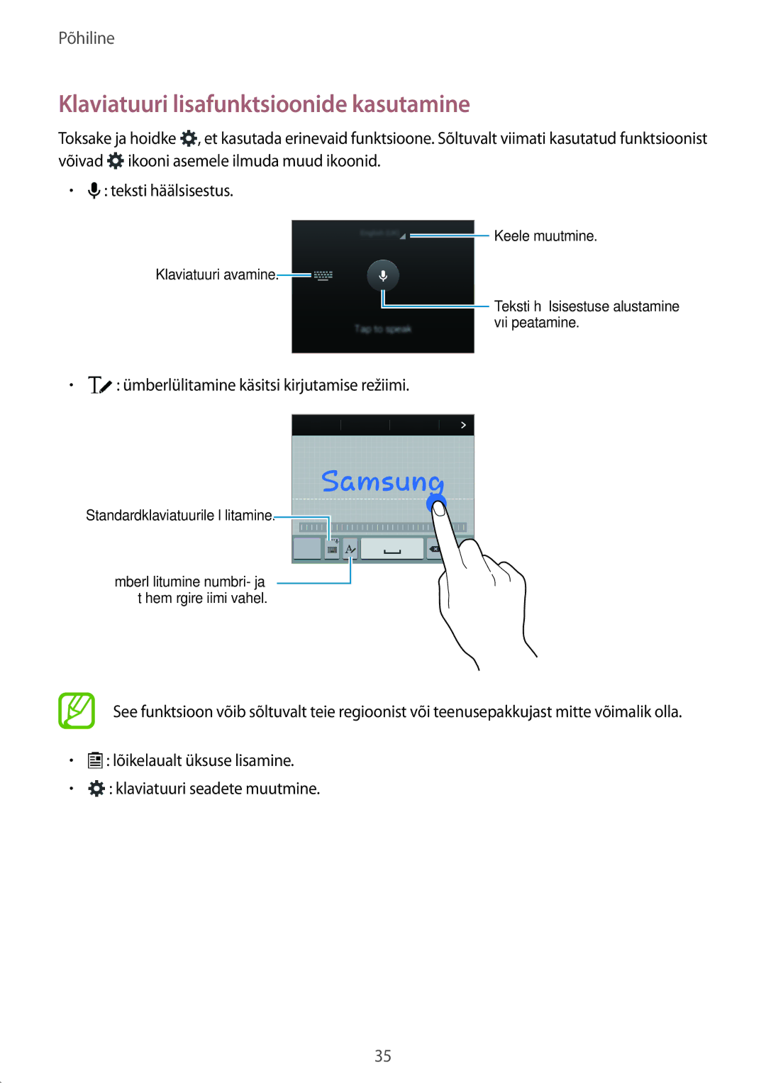 Samsung SM-A500FZDUSEB manual Klaviatuuri lisafunktsioonide kasutamine, Ümberlülitamine käsitsi kirjutamise režiimi 