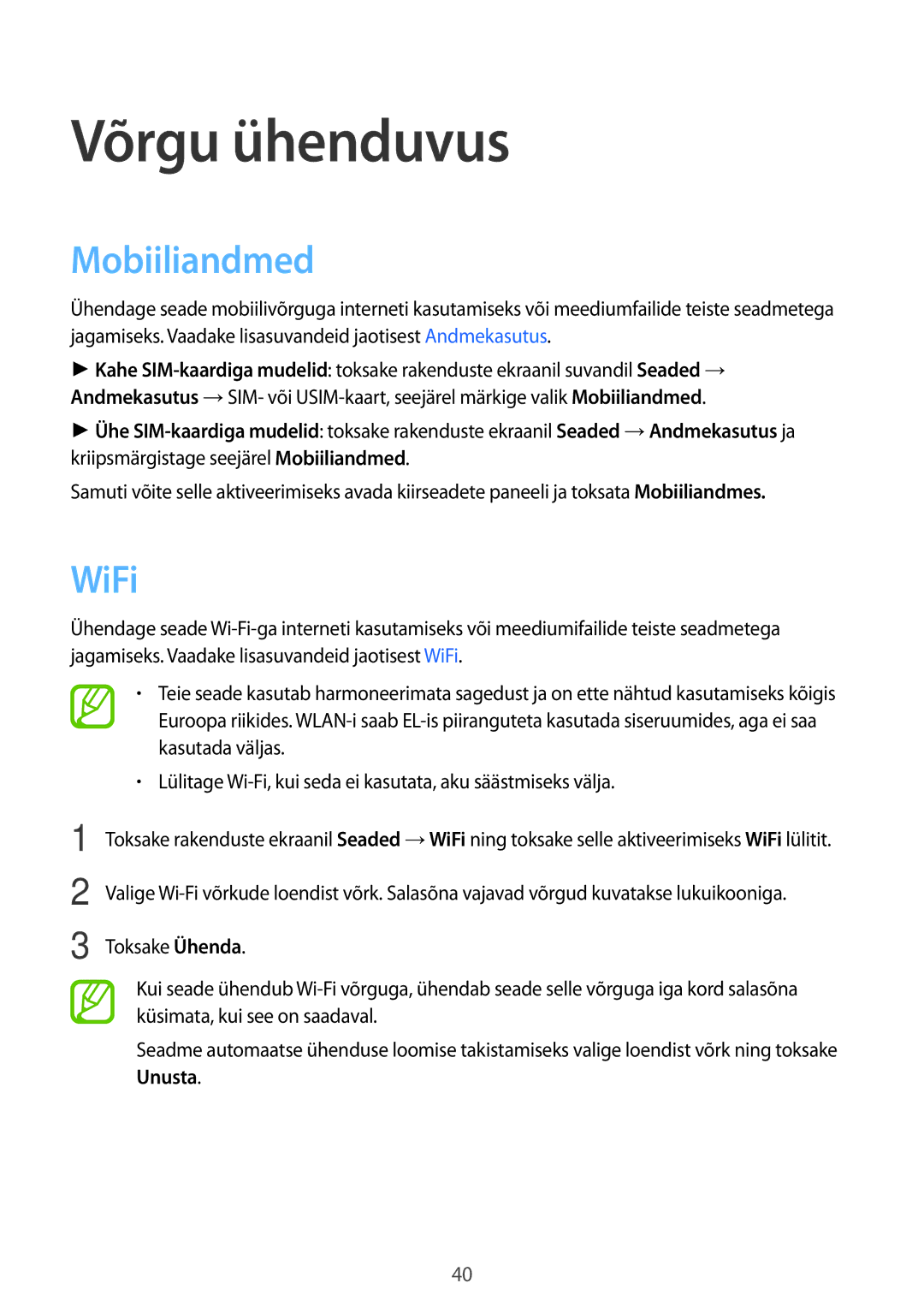 Samsung SM-A500FZDUSEB manual Võrgu ühenduvus, Mobiiliandmed, WiFi 