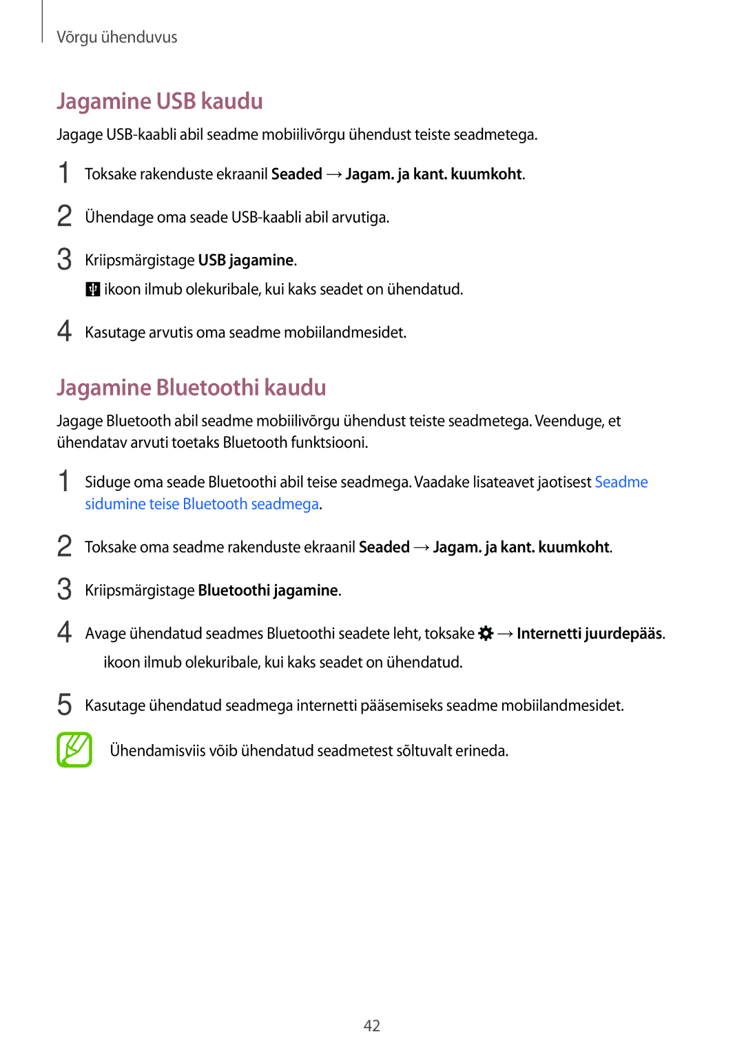 Samsung SM-A500FZDUSEB manual Jagamine USB kaudu, Jagamine Bluetoothi kaudu, Kriipsmärgistage Bluetoothi jagamine 