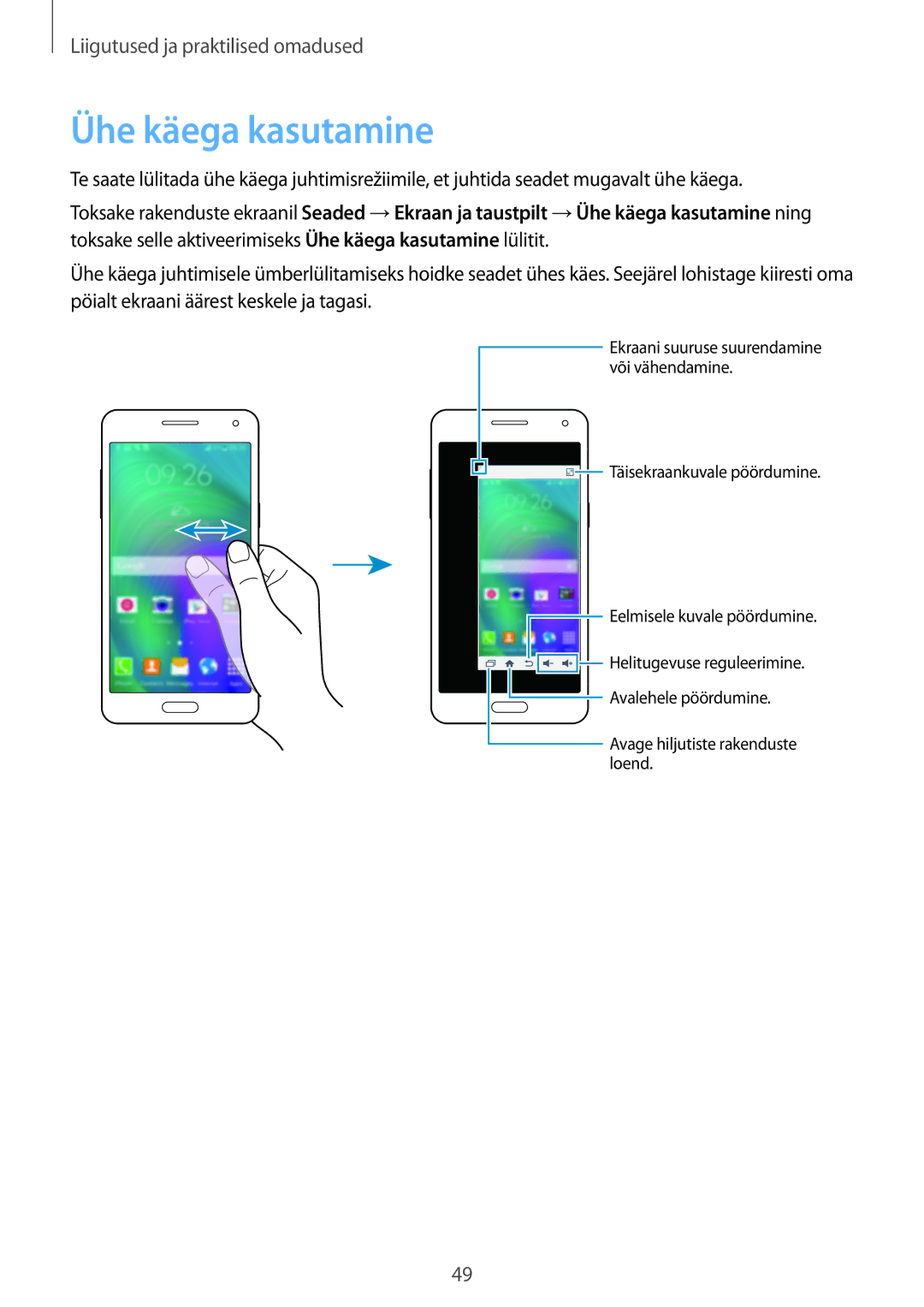 Samsung SM-A500FZDUSEB manual Ühe käega kasutamine 