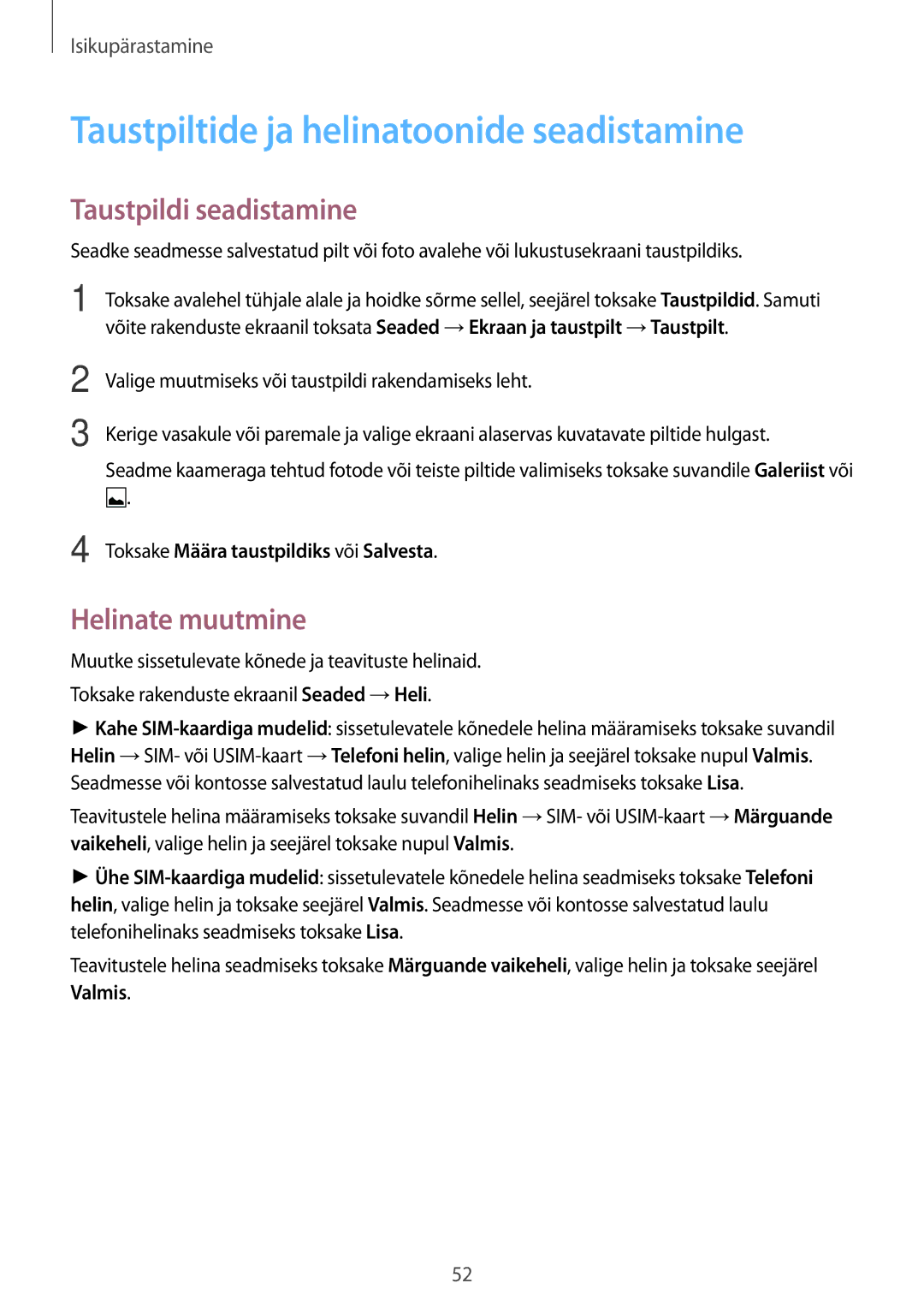 Samsung SM-A500FZDUSEB manual Taustpiltide ja helinatoonide seadistamine, Taustpildi seadistamine, Helinate muutmine 