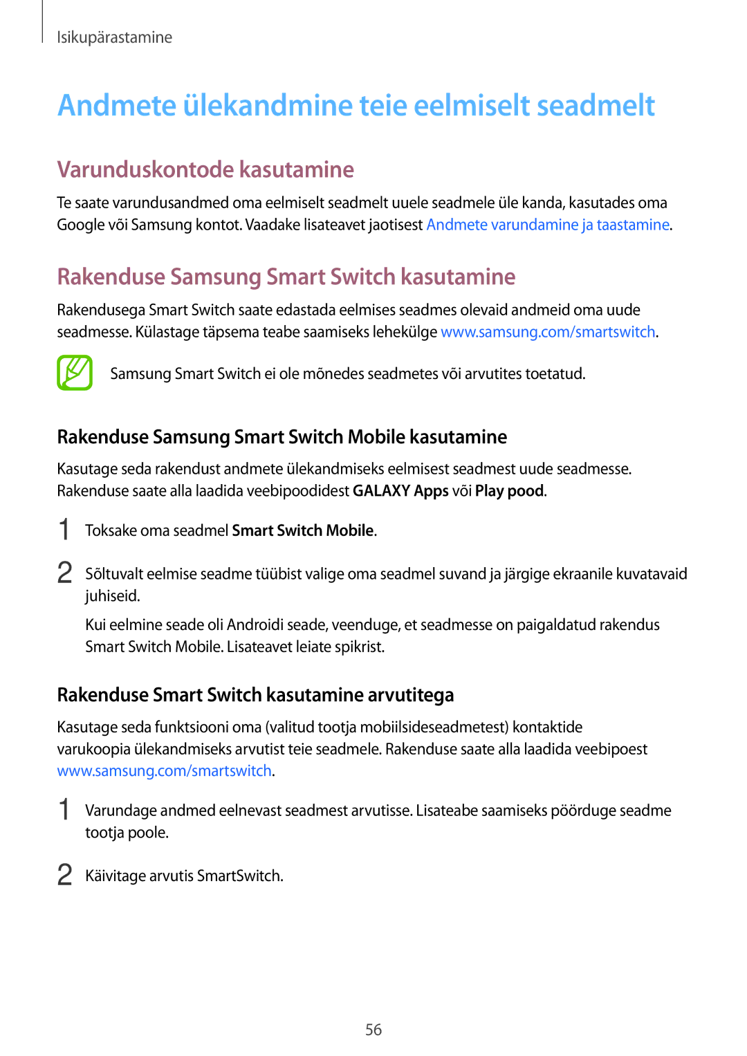 Samsung SM-A500FZDUSEB manual Varunduskontode kasutamine, Rakenduse Samsung Smart Switch kasutamine 