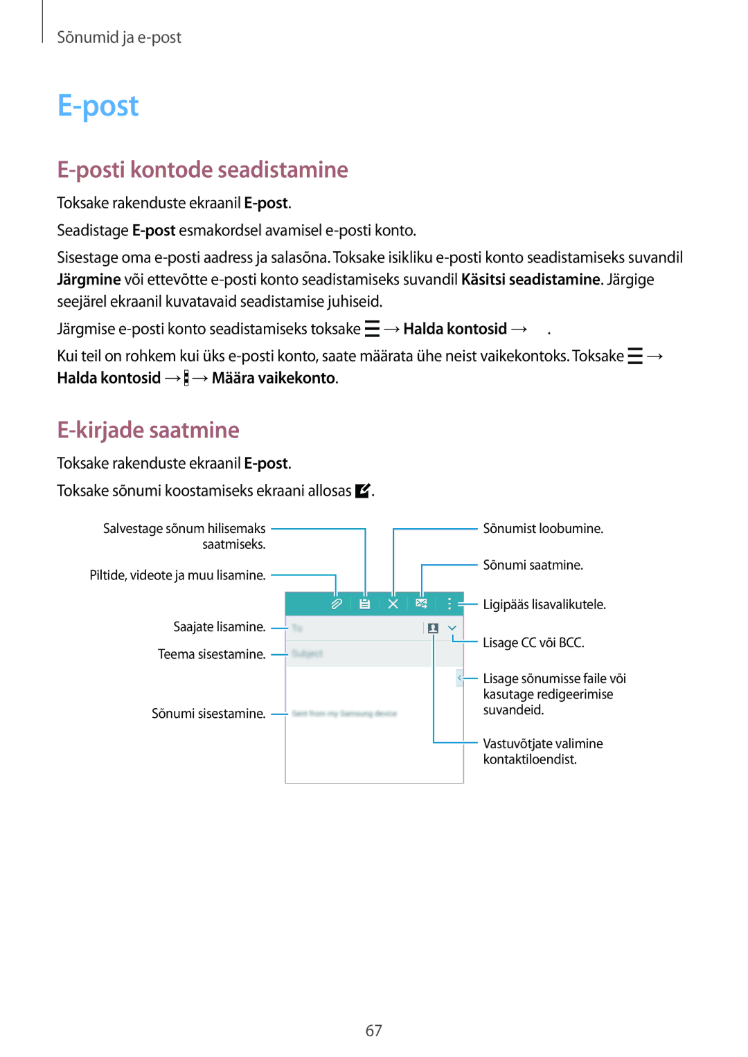 Samsung SM-A500FZDUSEB manual Posti kontode seadistamine, Kirjade saatmine, Toksake rakenduste ekraanil E-post 