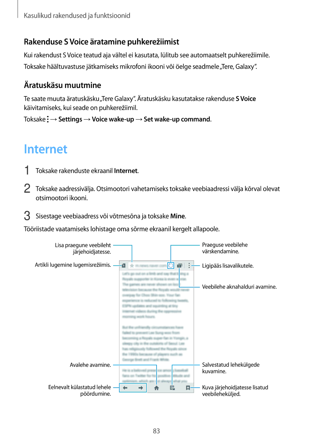 Samsung SM-A500FZDUSEB manual Internet, Rakenduse S Voice äratamine puhkerežiimist, Äratuskäsu muutmine 