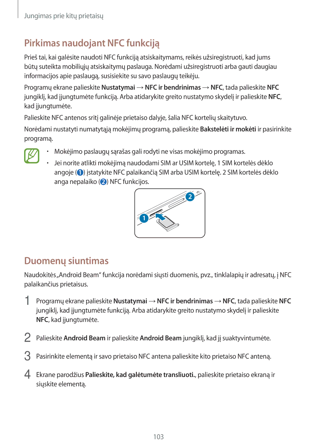 Samsung SM-A500FZDUSEB manual Pirkimas naudojant NFC funkciją, Duomenų siuntimas 