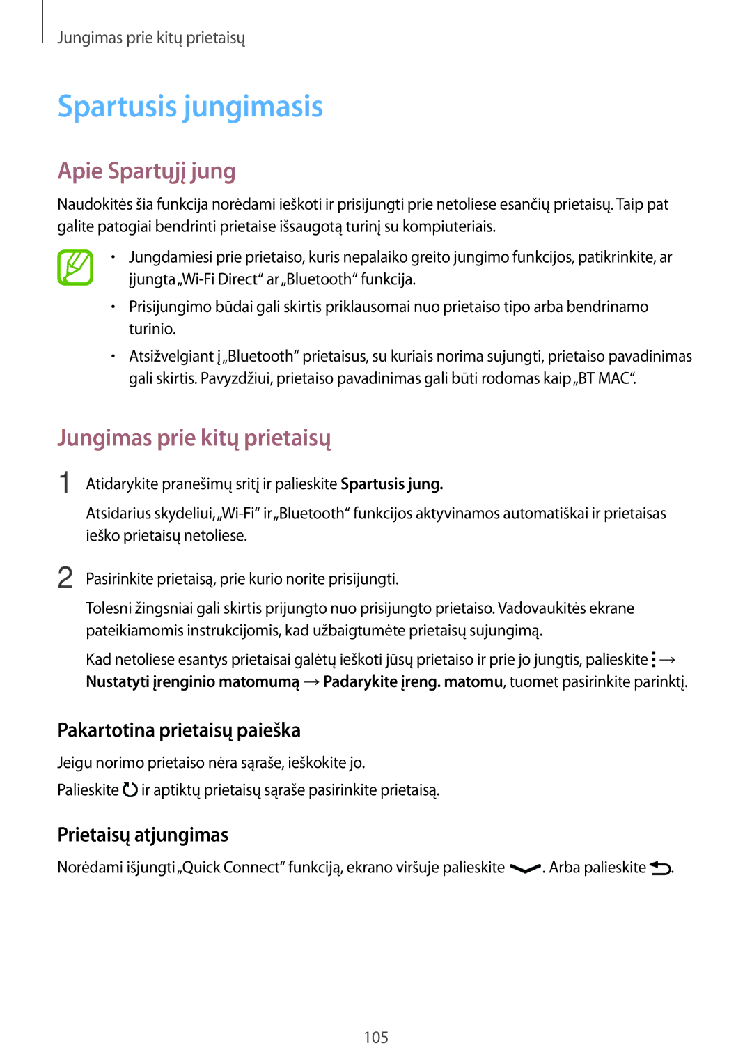 Samsung SM-A500FZDUSEB manual Spartusis jungimasis, Apie Spartųjį jung, Pakartotina prietaisų paieška, Prietaisų atjungimas 