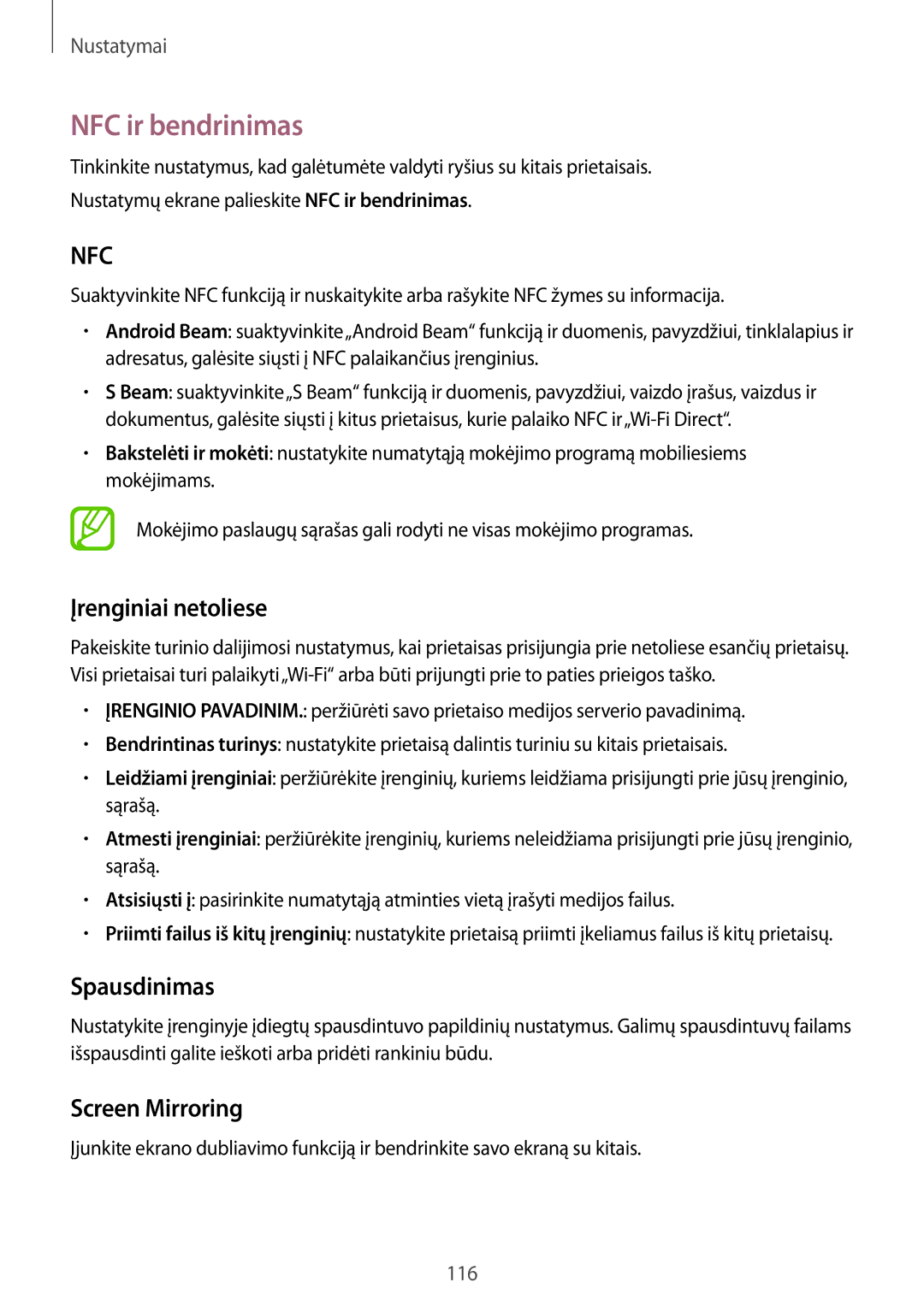 Samsung SM-A500FZDUSEB manual NFC ir bendrinimas, Įrenginiai netoliese, Spausdinimas, Screen Mirroring 