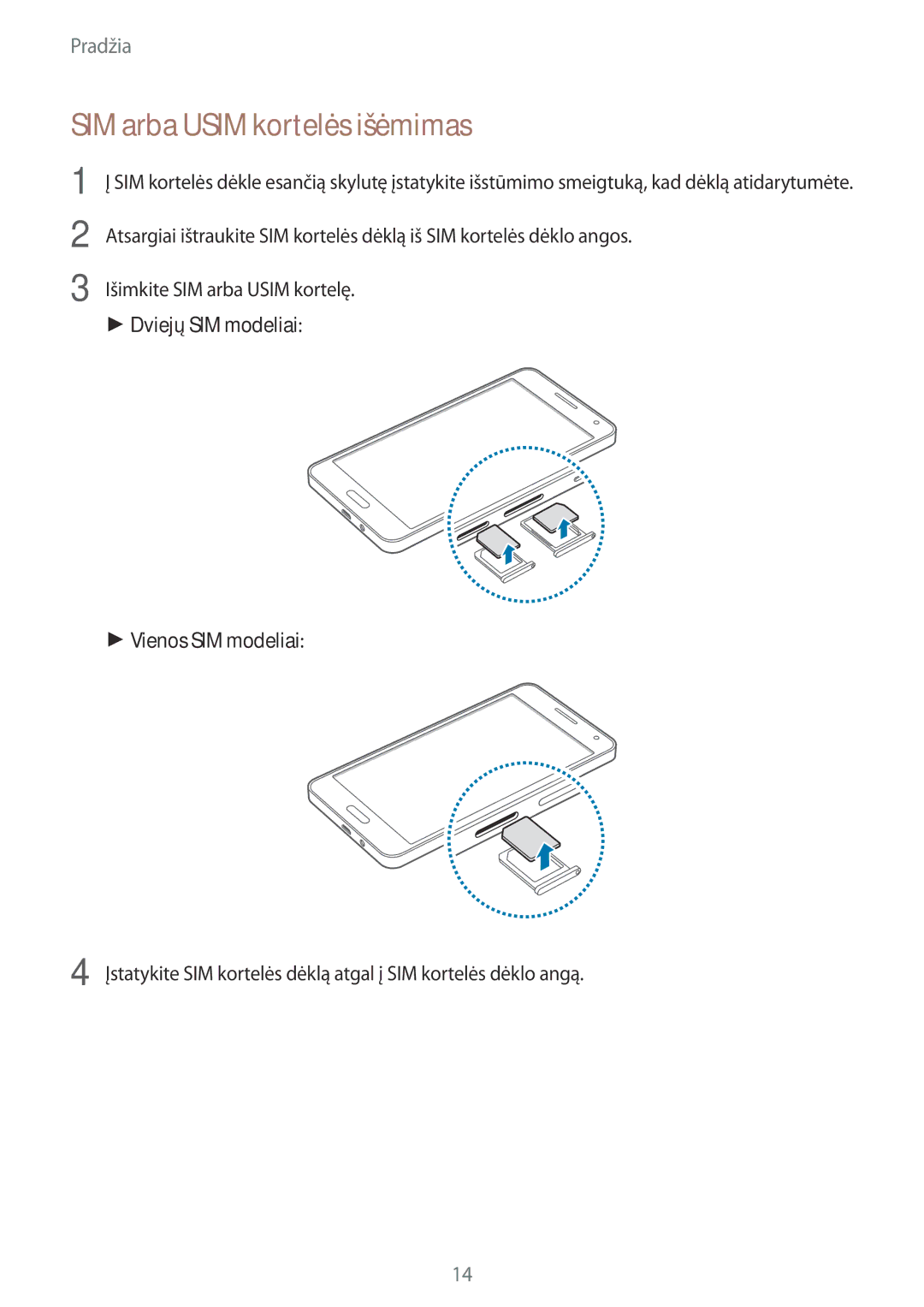 Samsung SM-A500FZDUSEB manual SIM arba Usim kortelės išėmimas 