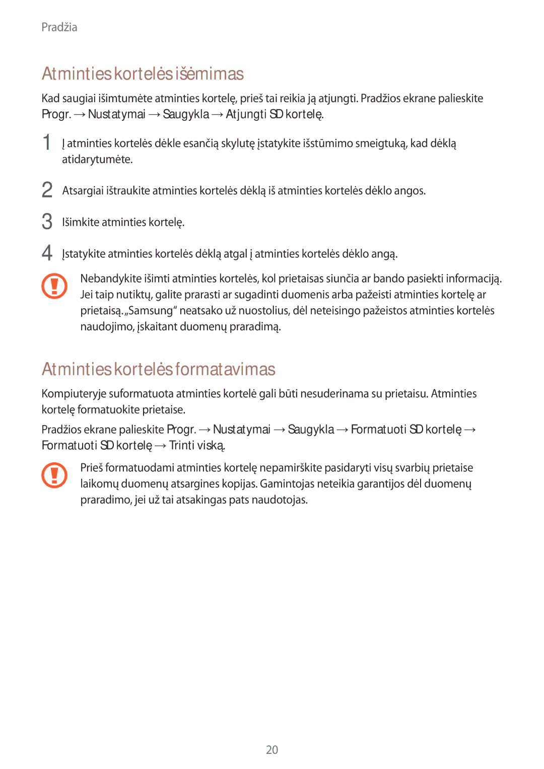 Samsung SM-A500FZDUSEB manual Atminties kortelės išėmimas, Atminties kortelės formatavimas 