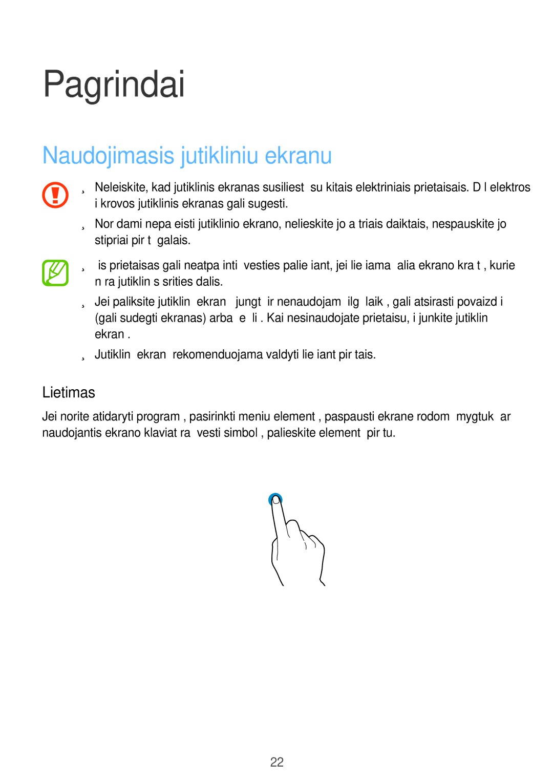 Samsung SM-A500FZDUSEB manual Pagrindai, Naudojimasis jutikliniu ekranu, Lietimas 