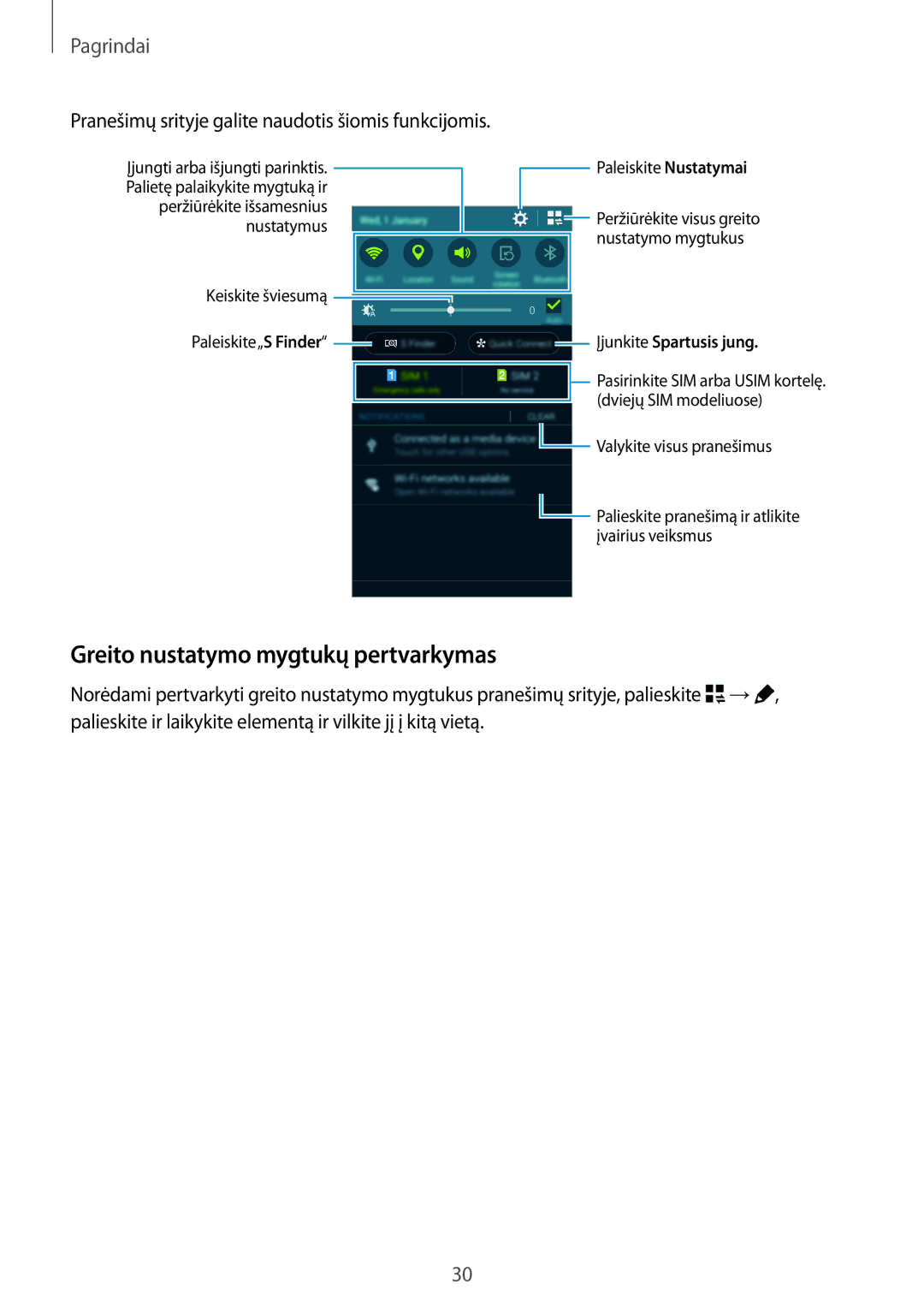 Samsung SM-A500FZDUSEB manual Greito nustatymo mygtukų pertvarkymas, Pranešimų srityje galite naudotis šiomis funkcijomis 