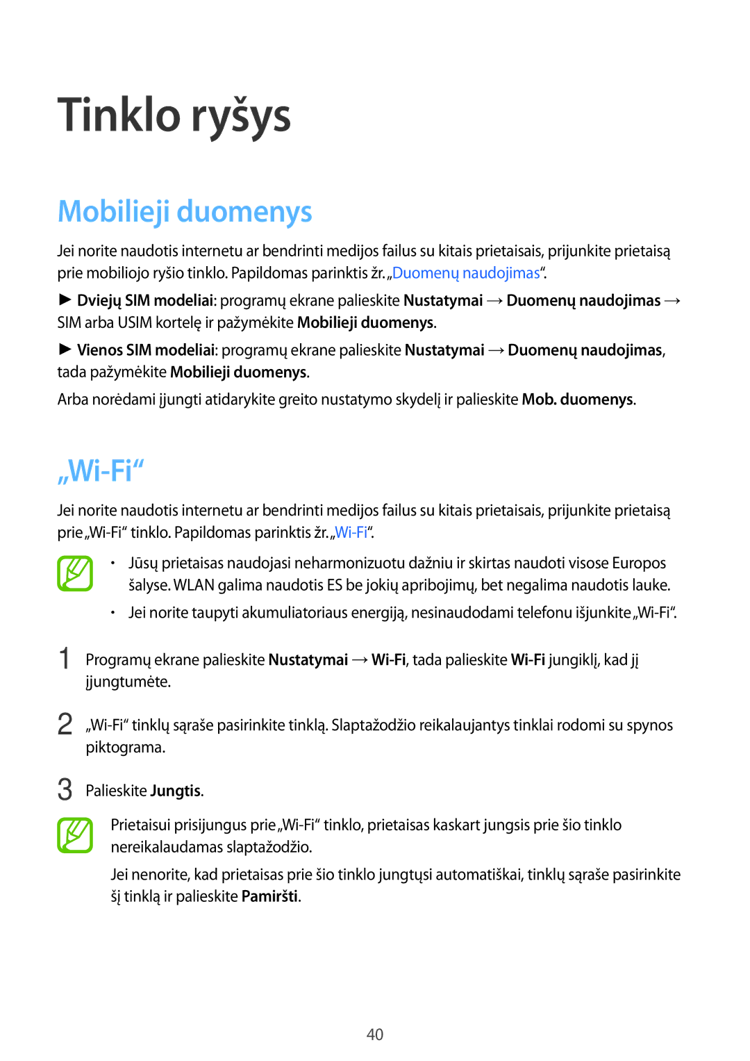 Samsung SM-A500FZDUSEB manual Tinklo ryšys, „Wi-Fi, SIM arba Usim kortelę ir pažymėkite Mobilieji duomenys 