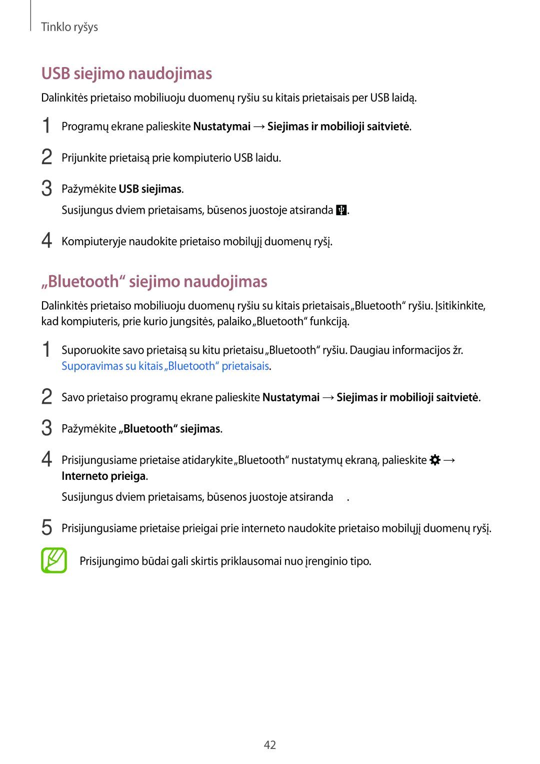 Samsung SM-A500FZDUSEB manual USB siejimo naudojimas, „Bluetooth siejimo naudojimas, Pažymėkite „Bluetooth siejimas 