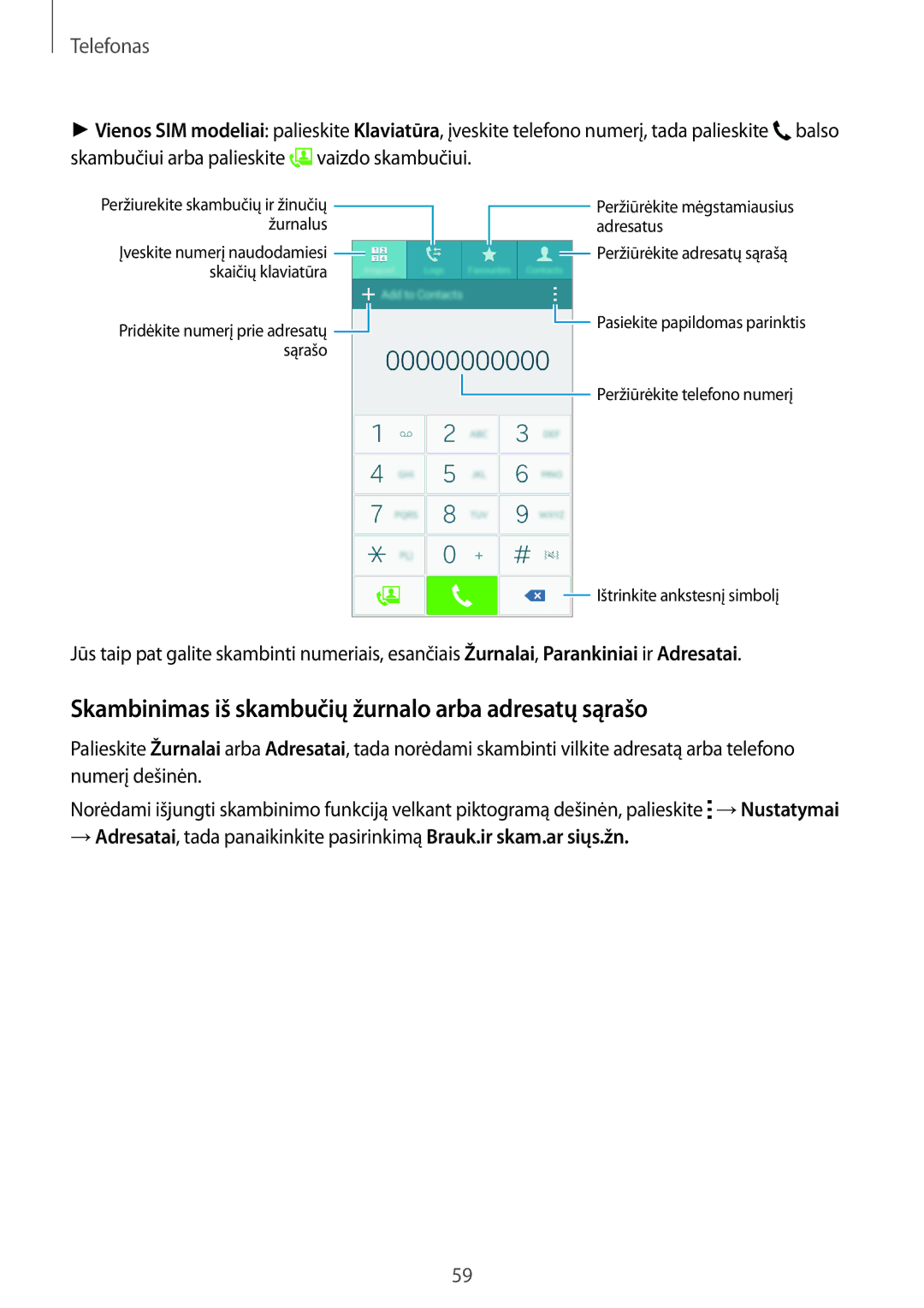 Samsung SM-A500FZDUSEB manual Skambinimas iš skambučių žurnalo arba adresatų sąrašo, Telefonas 