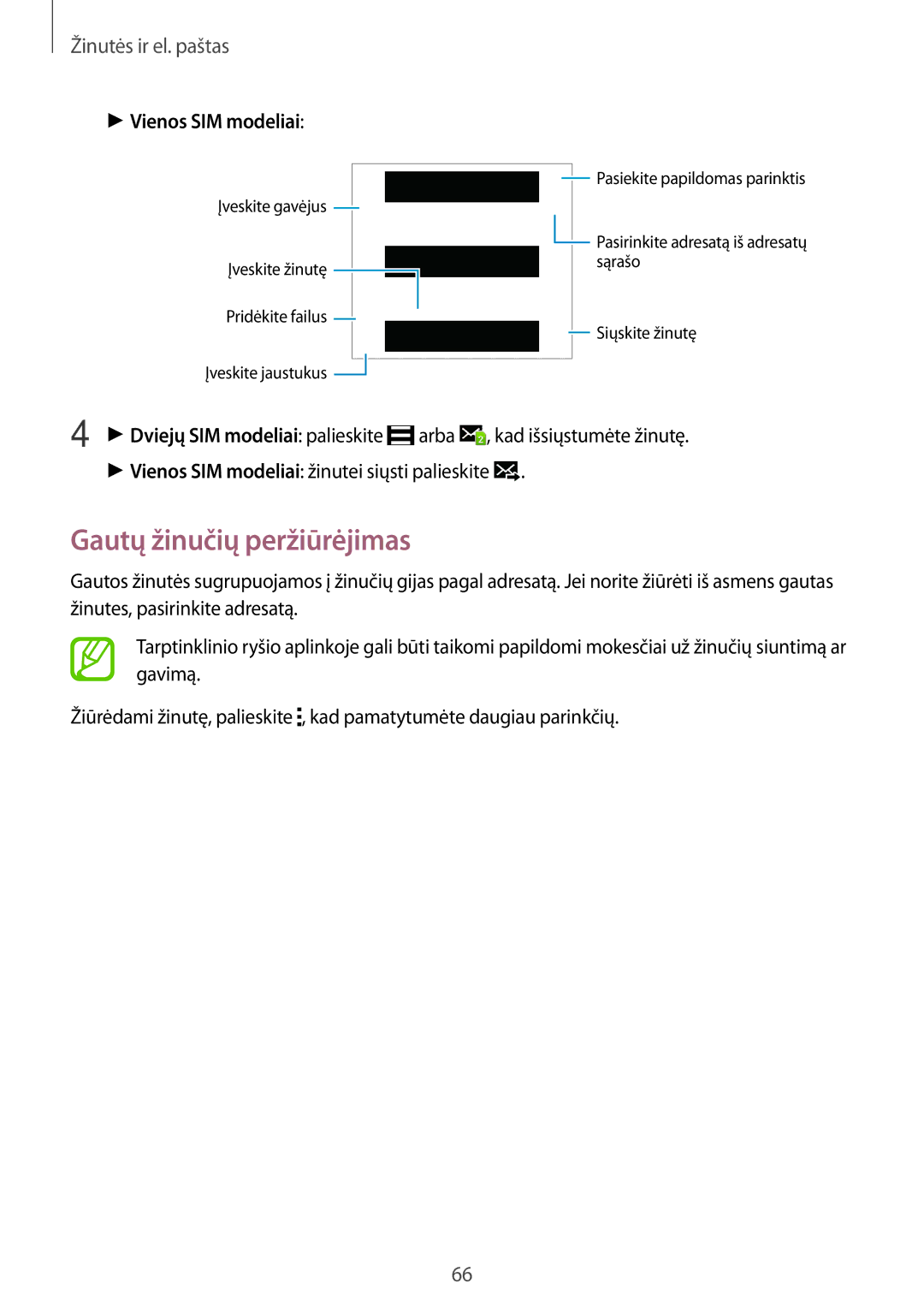 Samsung SM-A500FZDUSEB manual Gautų žinučių peržiūrėjimas, Arba, Vienos SIM modeliai žinutei siųsti palieskite 