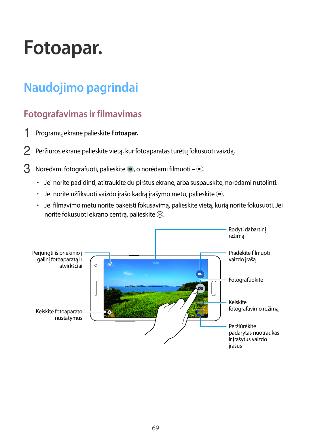 Samsung SM-A500FZDUSEB manual Fotoapar, Naudojimo pagrindai, Fotografavimas ir filmavimas 
