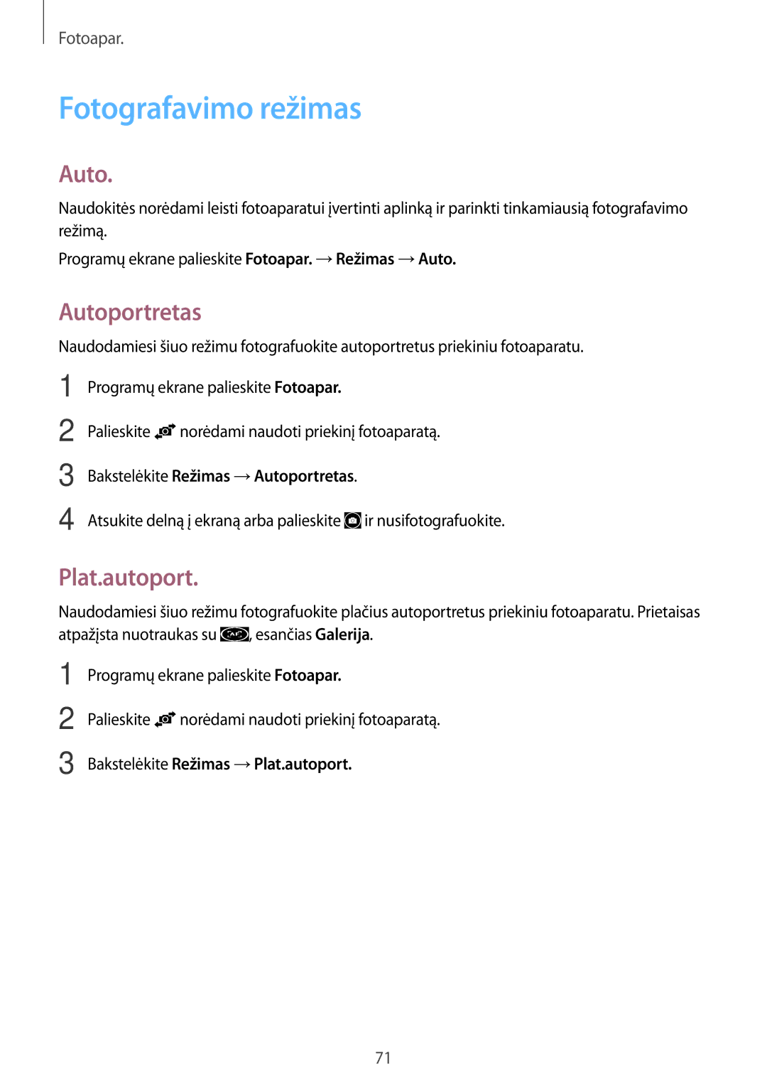 Samsung SM-A500FZDUSEB manual Fotografavimo režimas, Autoportretas, Plat.autoport 