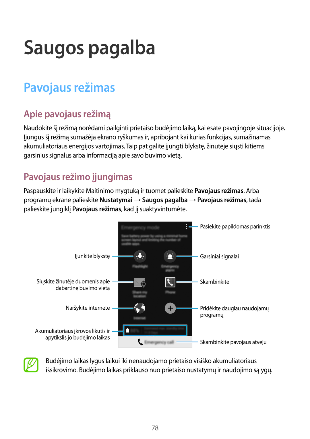 Samsung SM-A500FZDUSEB manual Saugos pagalba, Pavojaus režimas, Apie pavojaus režimą, Pavojaus režimo įjungimas 