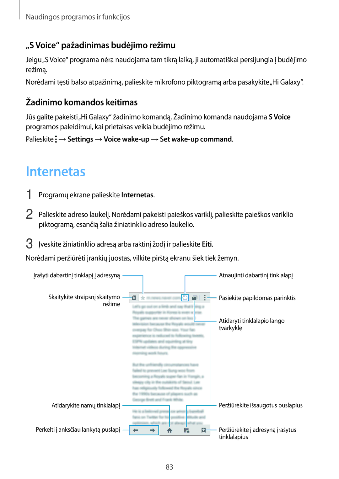 Samsung SM-A500FZDUSEB manual Internetas, „S Voice pažadinimas budėjimo režimu, Žadinimo komandos keitimas 