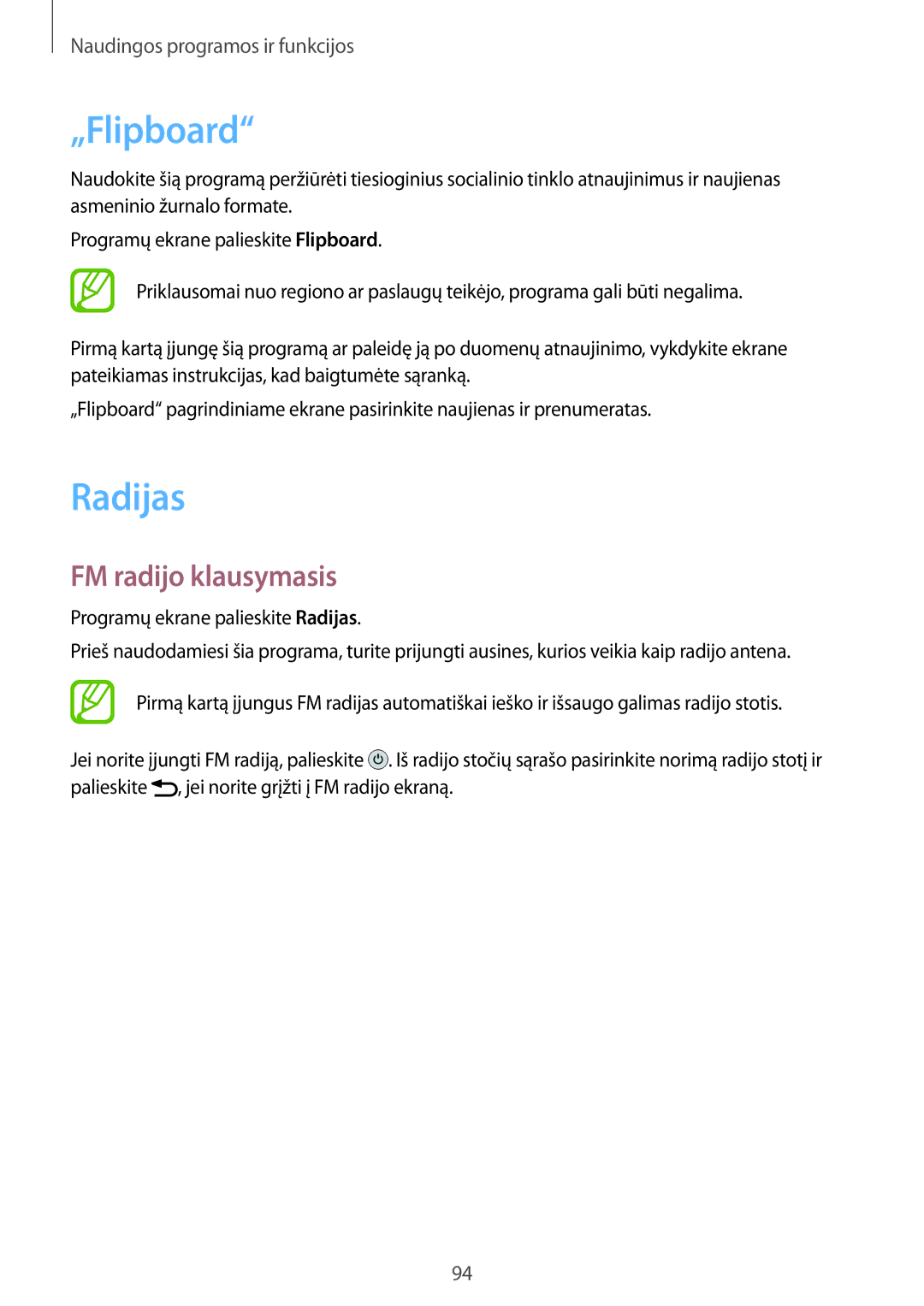 Samsung SM-A500FZDUSEB manual „Flipboard, Radijas, FM radijo klausymasis 