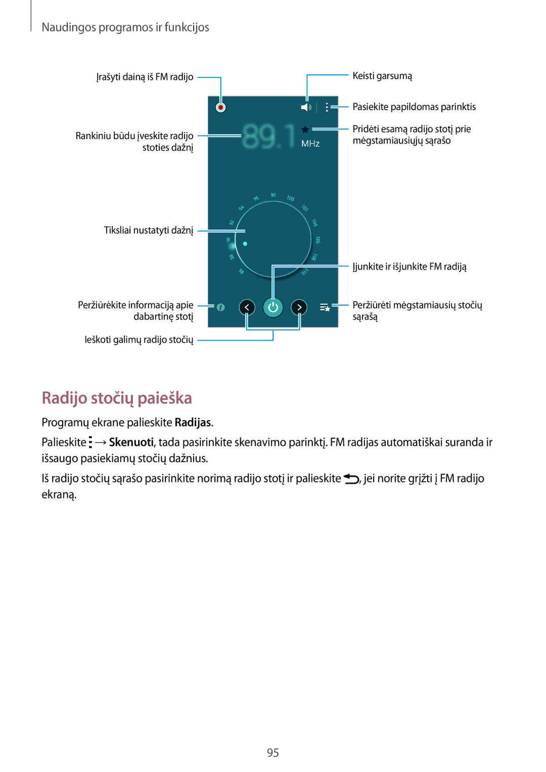 Samsung SM-A500FZDUSEB manual Radijo stočių paieška, Įrašyti dainą iš FM radijo Keisti garsumą 