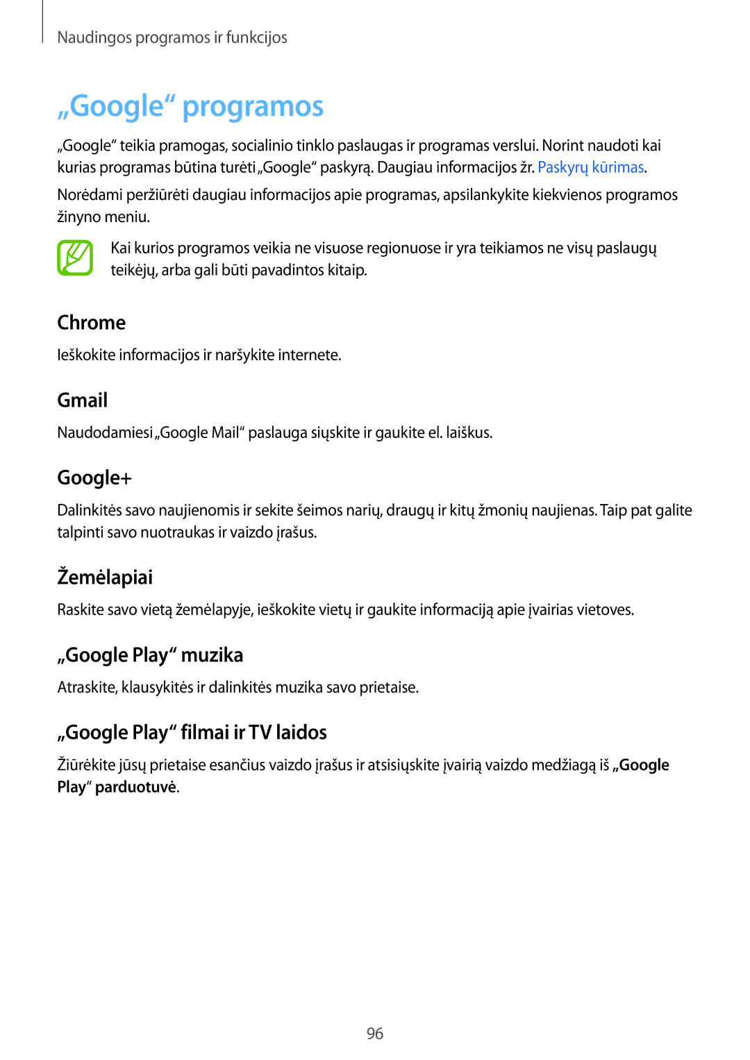 Samsung SM-A500FZDUSEB manual „Google programos, Ieškokite informacijos ir naršykite internete 