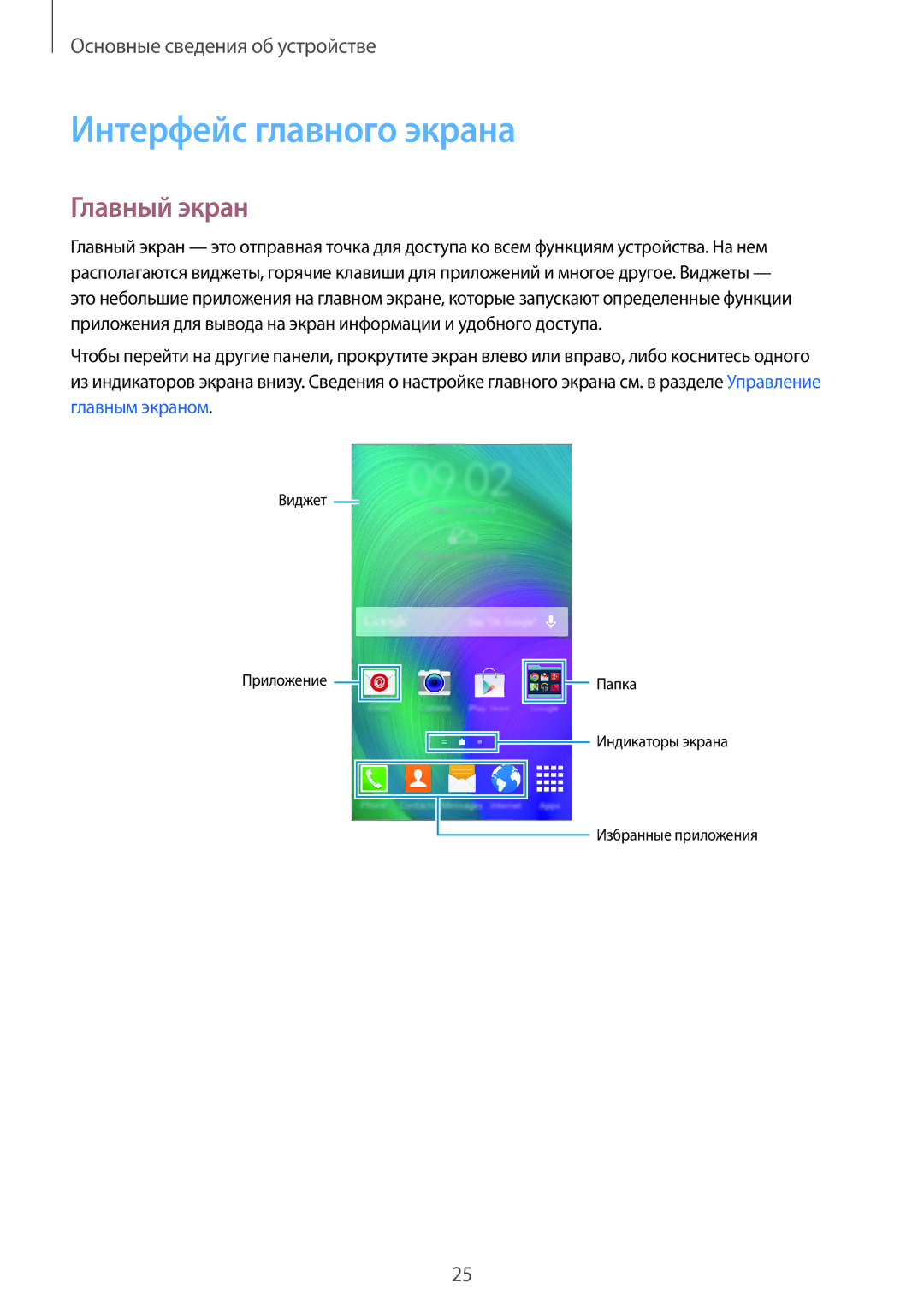 Samsung SM-A500FZBDSER, SM-A500FZKDSER manual Интерфейс главного экрана, Главный экран 
