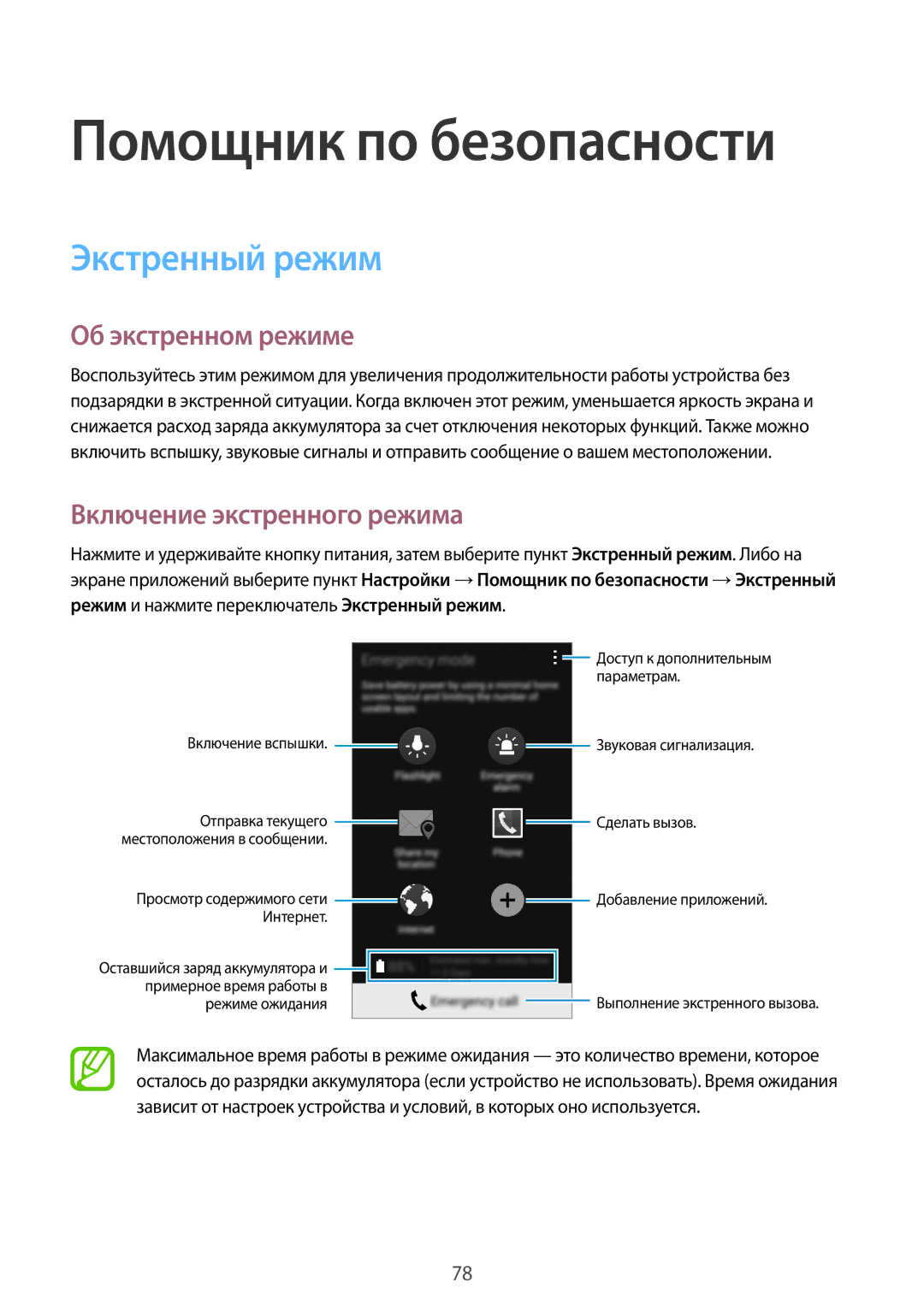 Samsung SM-A500FZKDSER Помощник по безопасности, Экстренный режим, Об экстренном режиме, Включение экстренного режима 