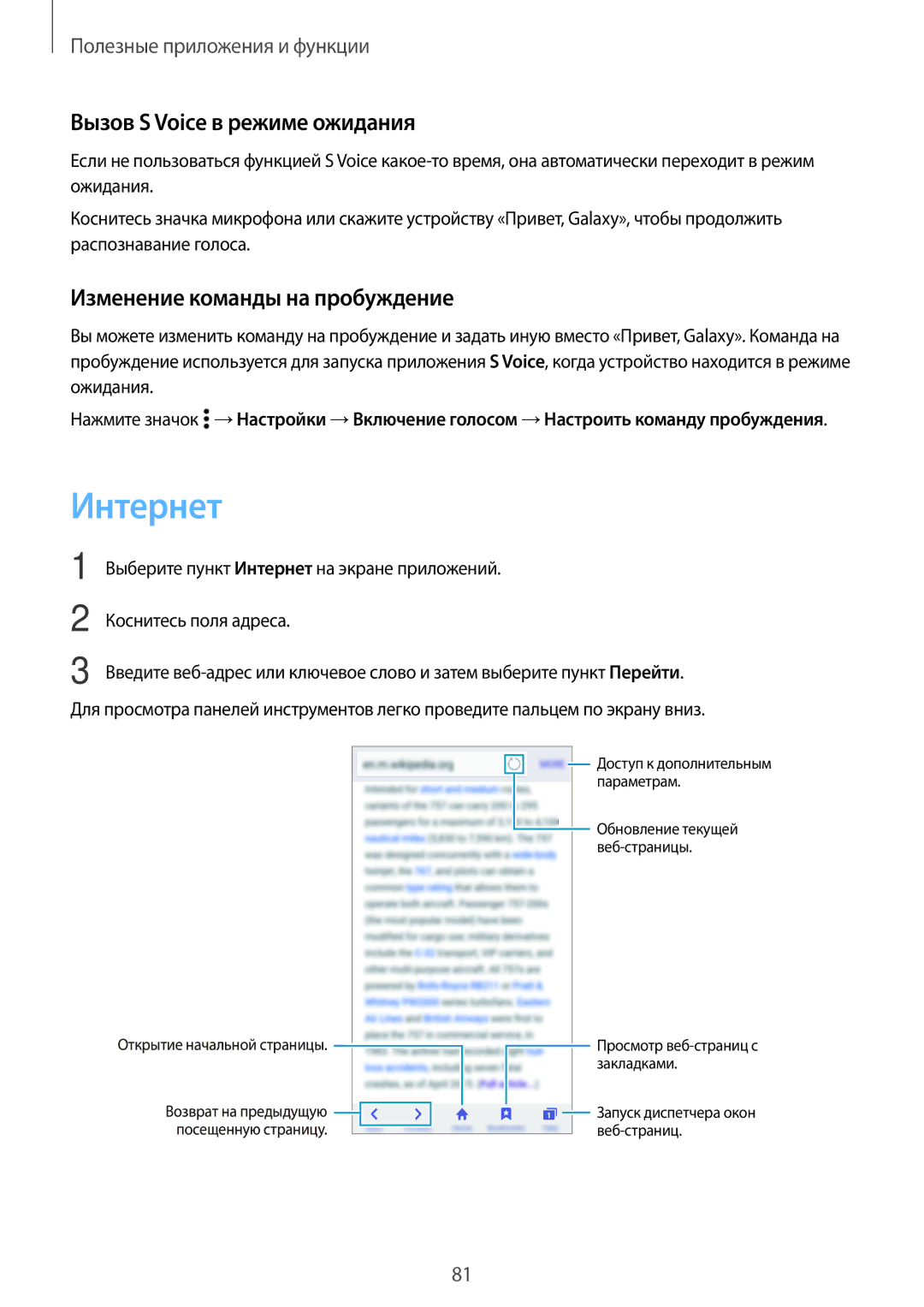 Samsung SM-A500FZBDSER, SM-A500FZKDSER manual Интернет, Вызов S Voice в режиме ожидания, Изменение команды на пробуждение 
