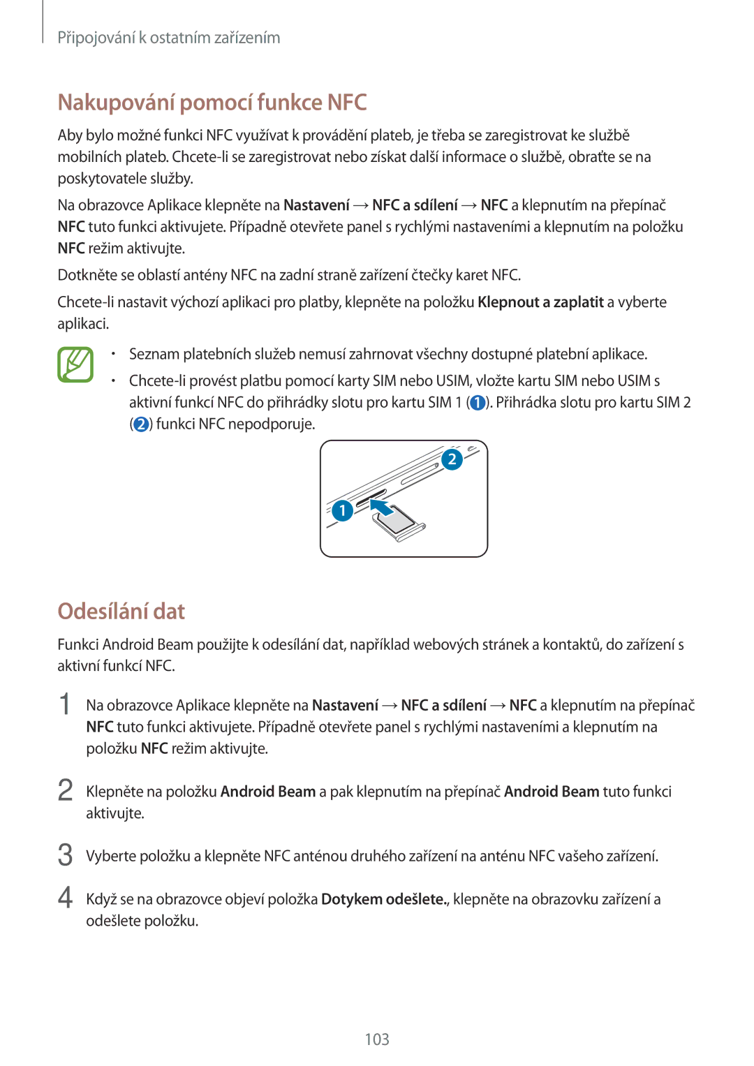 Samsung SM-A500FZKUETL manual Nakupování pomocí funkce NFC, Odesílání dat 