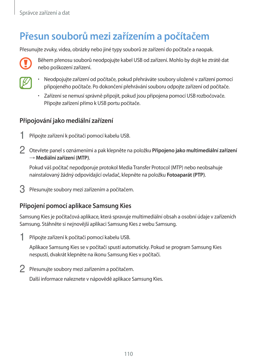 Samsung SM-A500FZKUETL manual Přesun souborů mezi zařízením a počítačem, Připojování jako mediální zařízení 