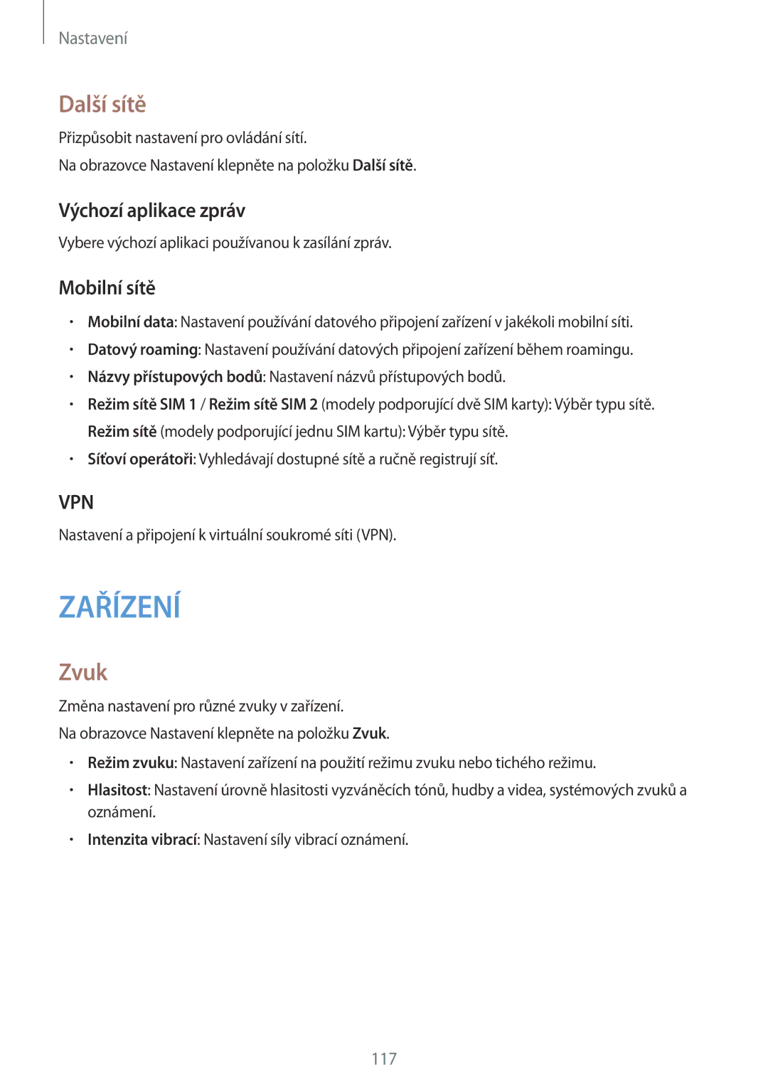 Samsung SM-A500FZKUETL manual Další sítě, Zvuk, Výchozí aplikace zpráv, Mobilní sítě 