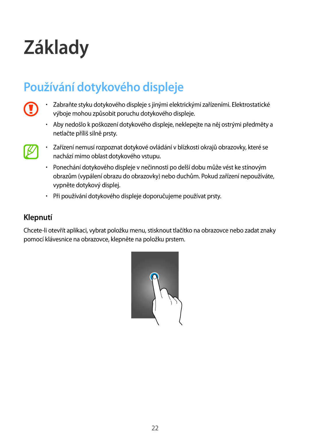 Samsung SM-A500FZKUETL manual Základy, Používání dotykového displeje, Klepnutí 