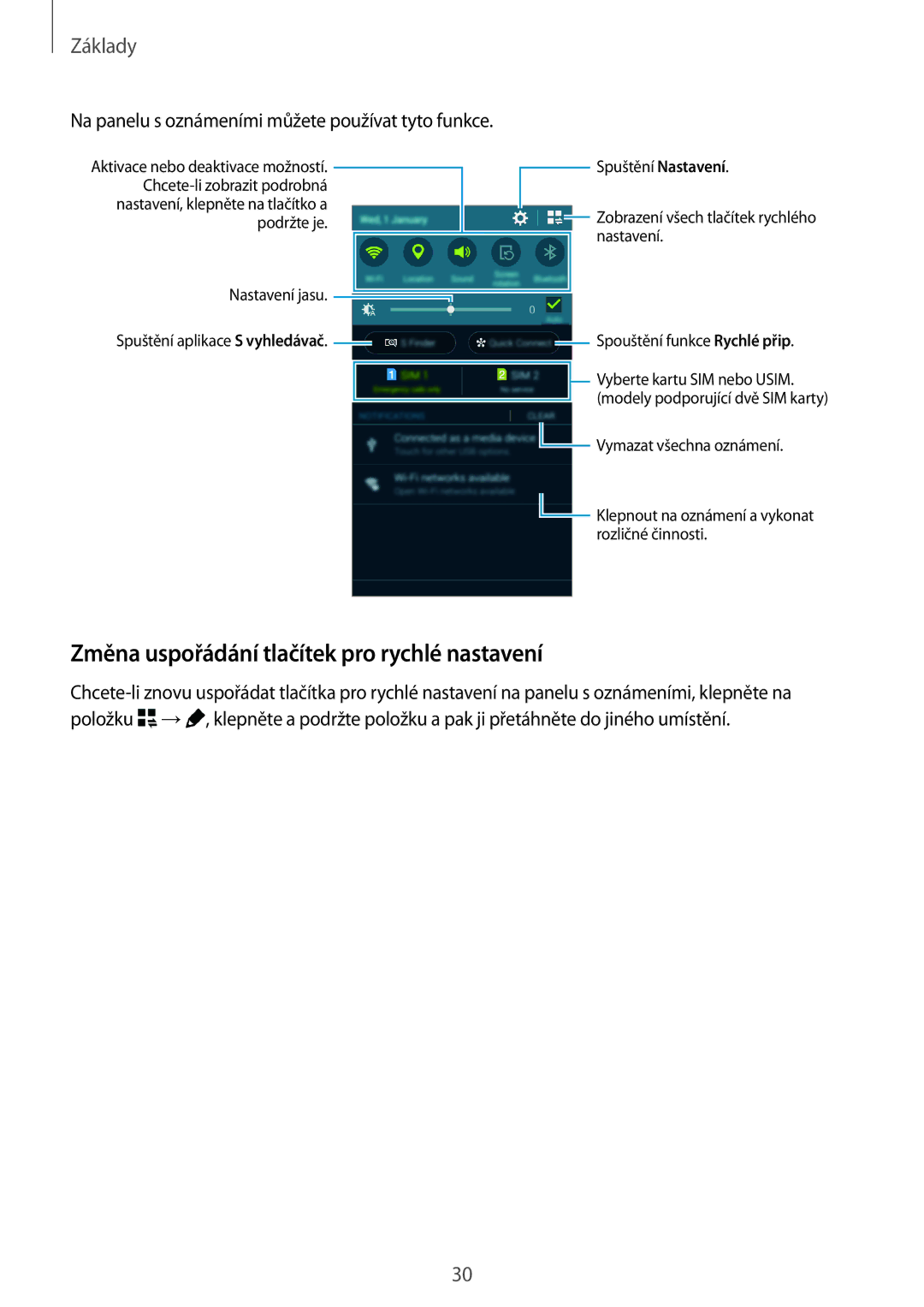 Samsung SM-A500FZKUETL Změna uspořádání tlačítek pro rychlé nastavení, Na panelu s oznámeními můžete používat tyto funkce 