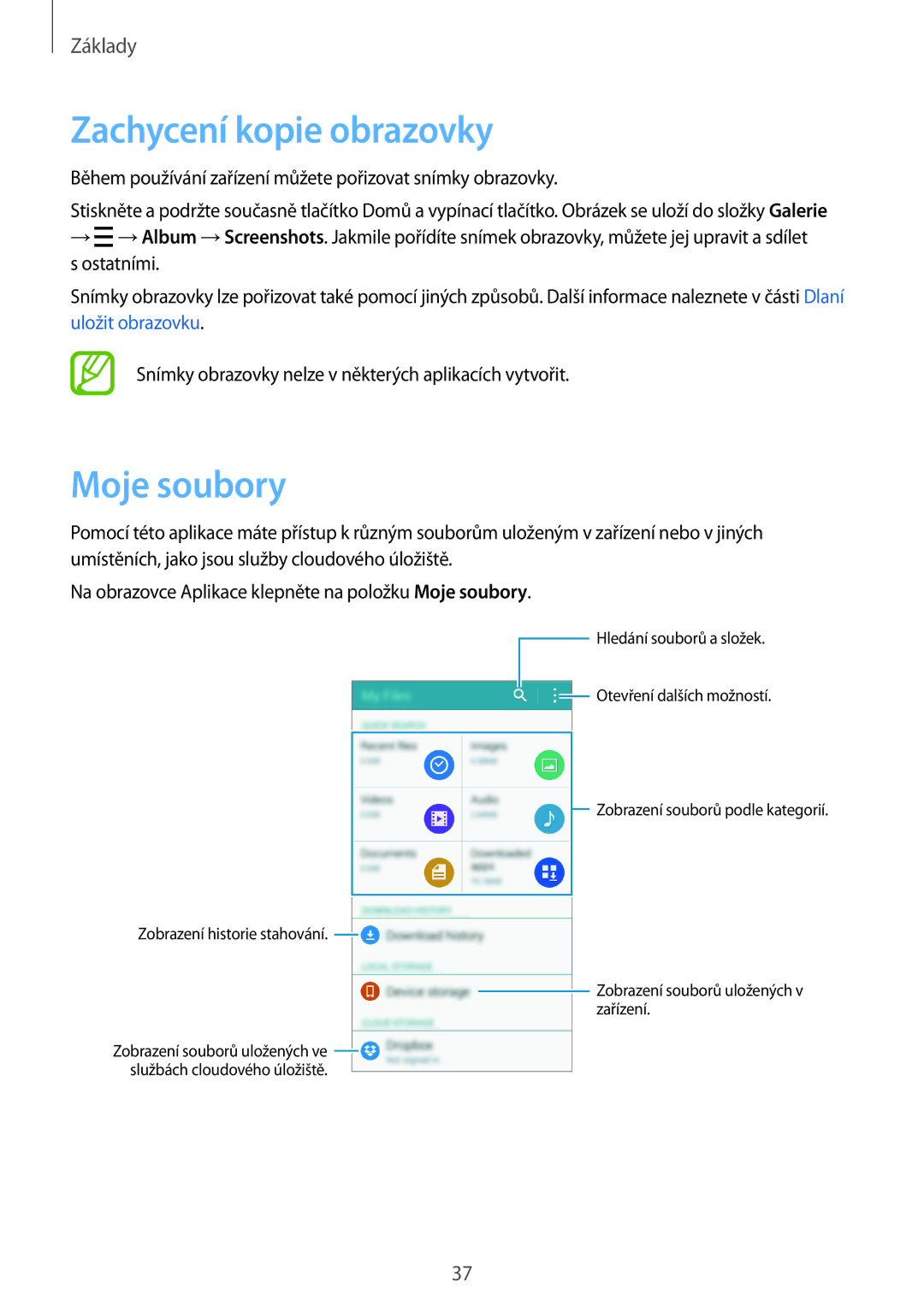 Samsung SM-A500FZKUETL manual Zachycení kopie obrazovky, Moje soubory 