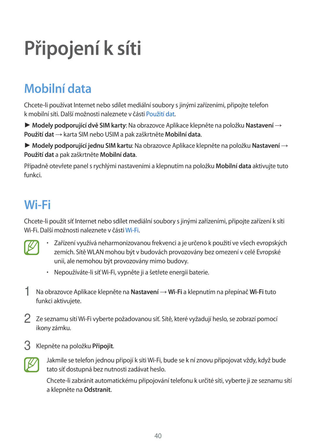 Samsung SM-A500FZKUETL manual Připojení k síti, Mobilní data, Wi-Fi 