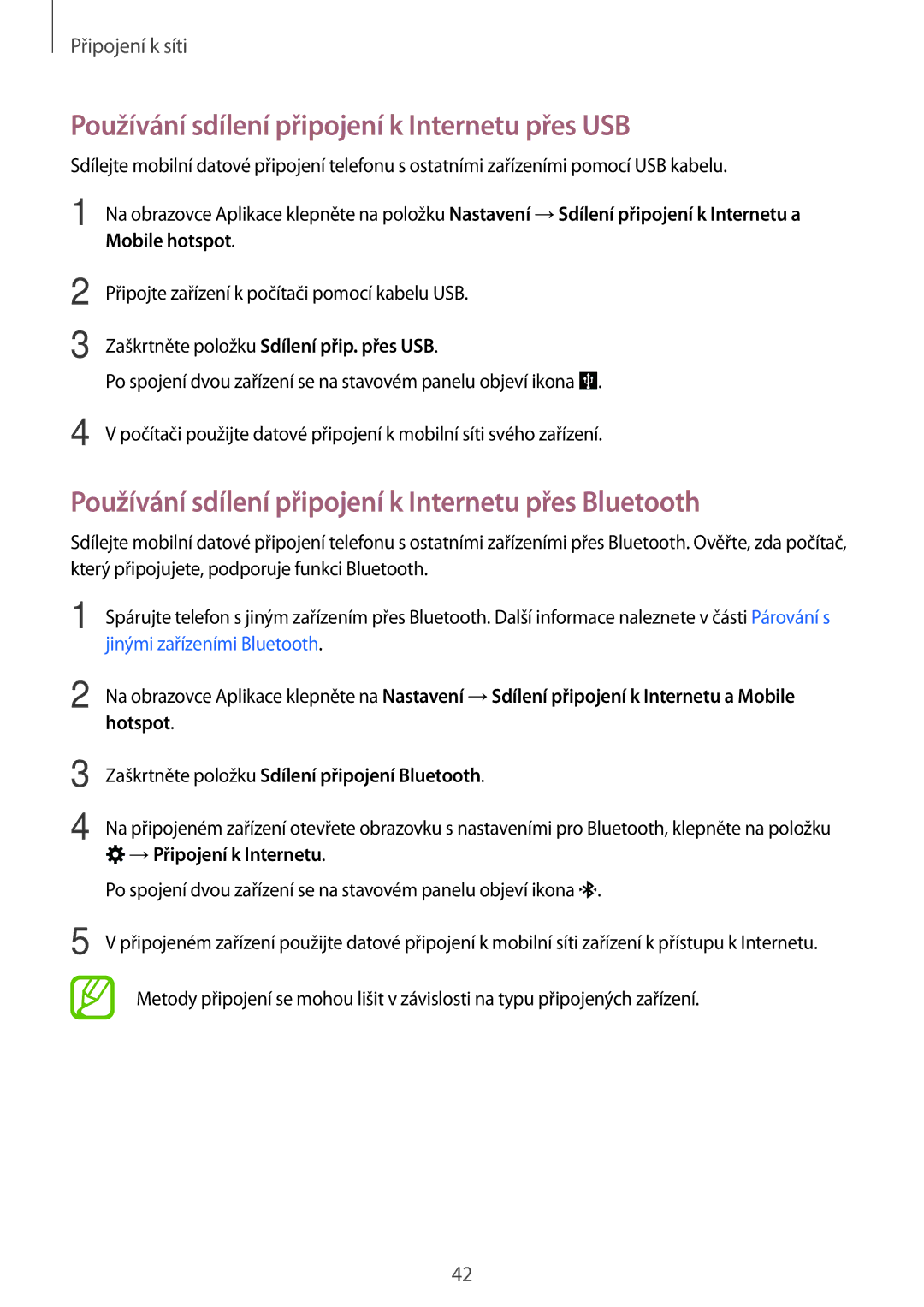 Samsung SM-A500FZKUETL manual Používání sdílení připojení k Internetu přes USB, Mobile hotspot, →Připojení k Internetu 