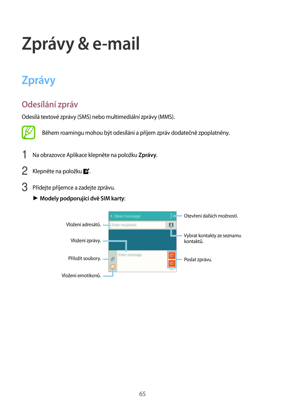 Samsung SM-A500FZKUETL manual Zprávy & e-mail, Odesílání zpráv, Modely podporující dvě SIM karty 