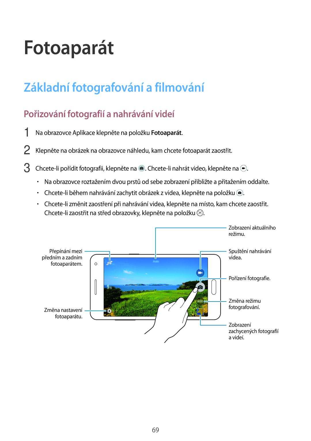 Samsung SM-A500FZKUETL manual Fotoaparát, Základní fotografování a filmování, Pořizování fotografií a nahrávání videí 