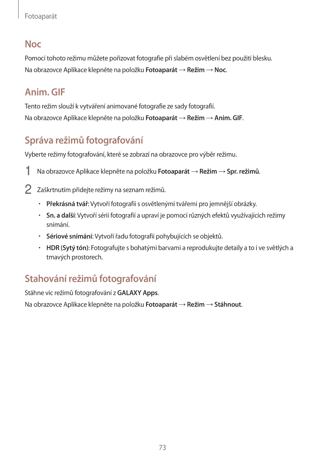 Samsung SM-A500FZKUETL manual Noc, Anim. GIF, Správa režimů fotografování, Stahování režimů fotografování 