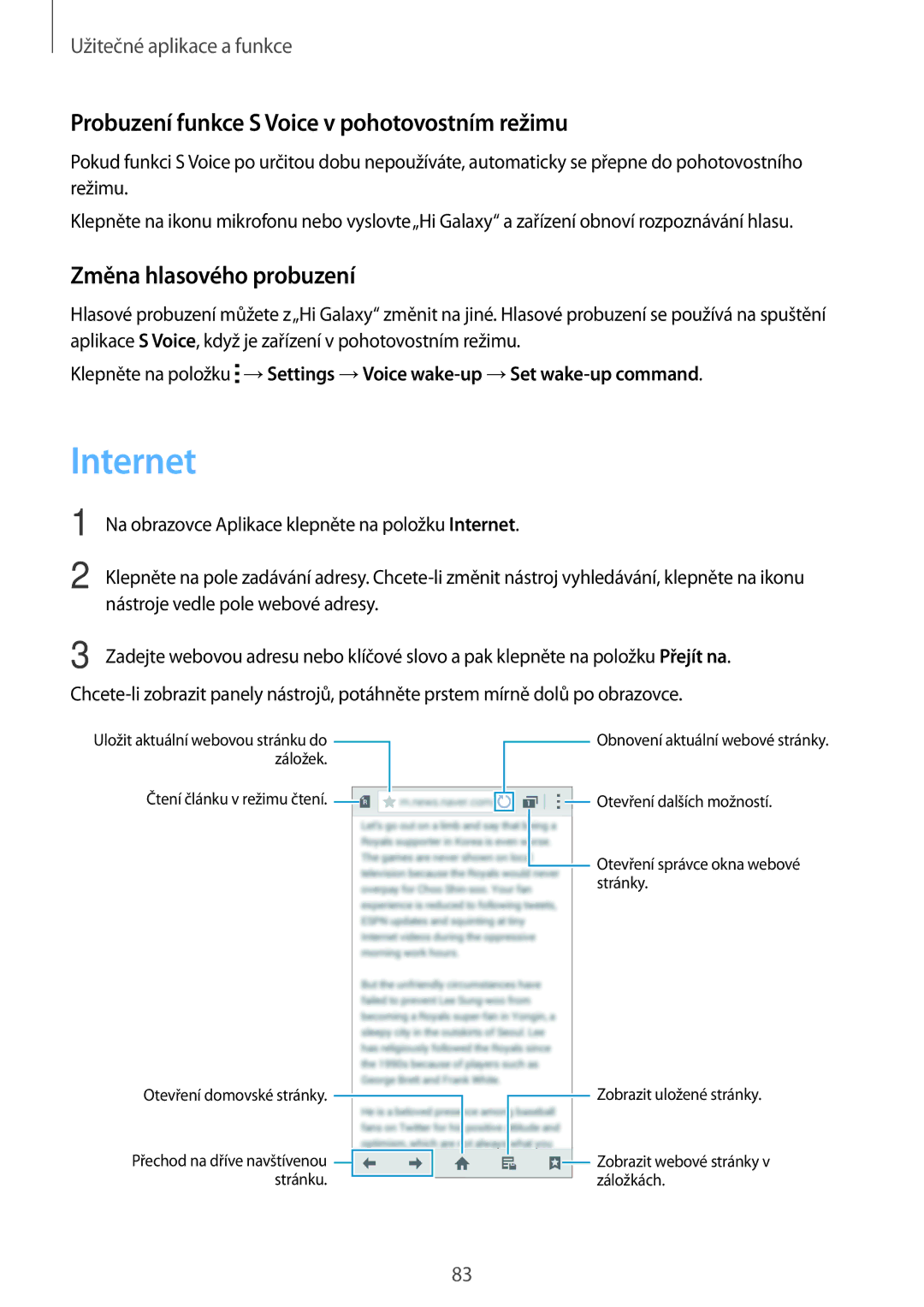 Samsung SM-A500FZKUETL manual Internet, Probuzení funkce S Voice v pohotovostním režimu, Změna hlasového probuzení 