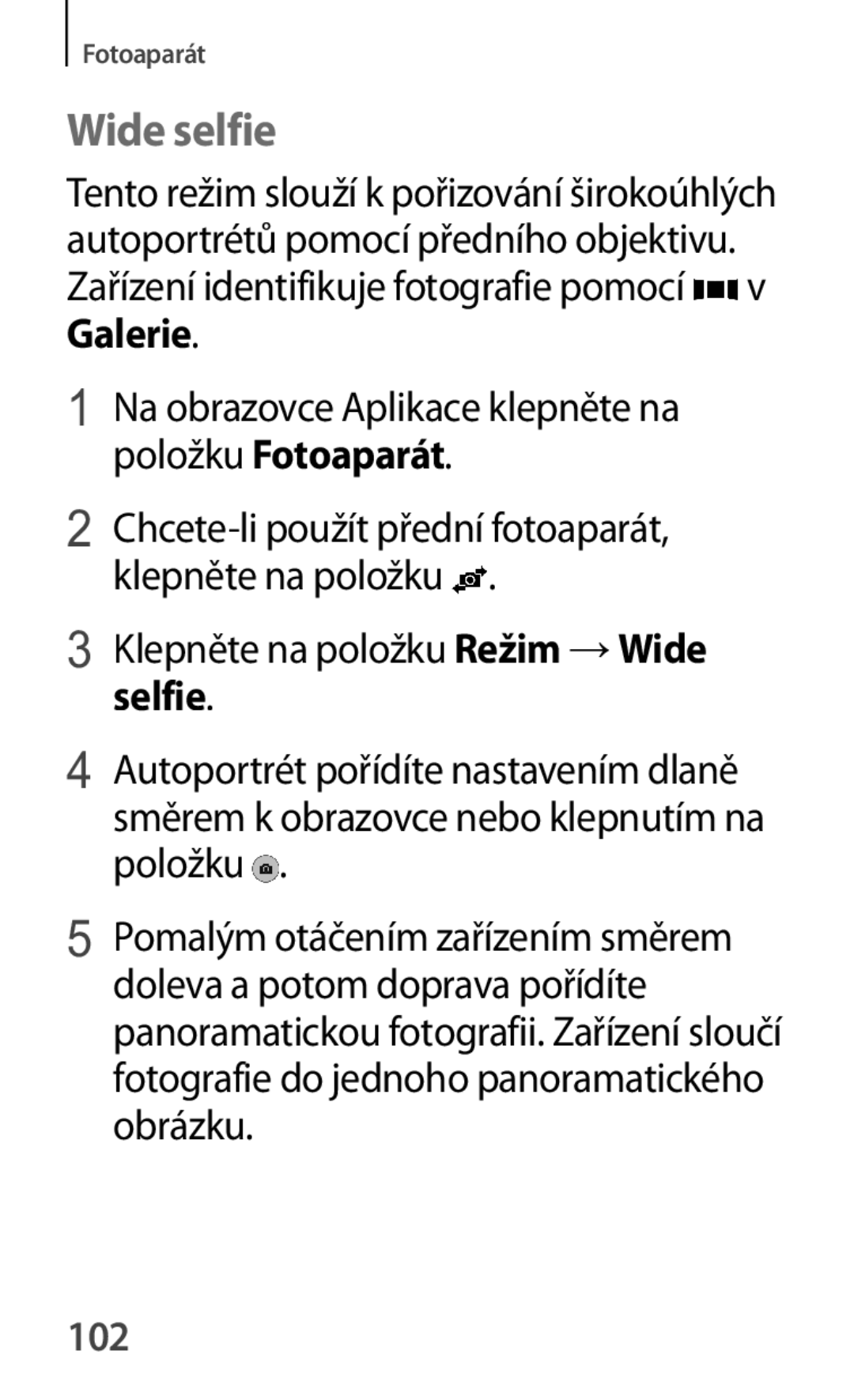 Samsung SM-A500FZKUETL manual Wide selfie, Galerie, 102 