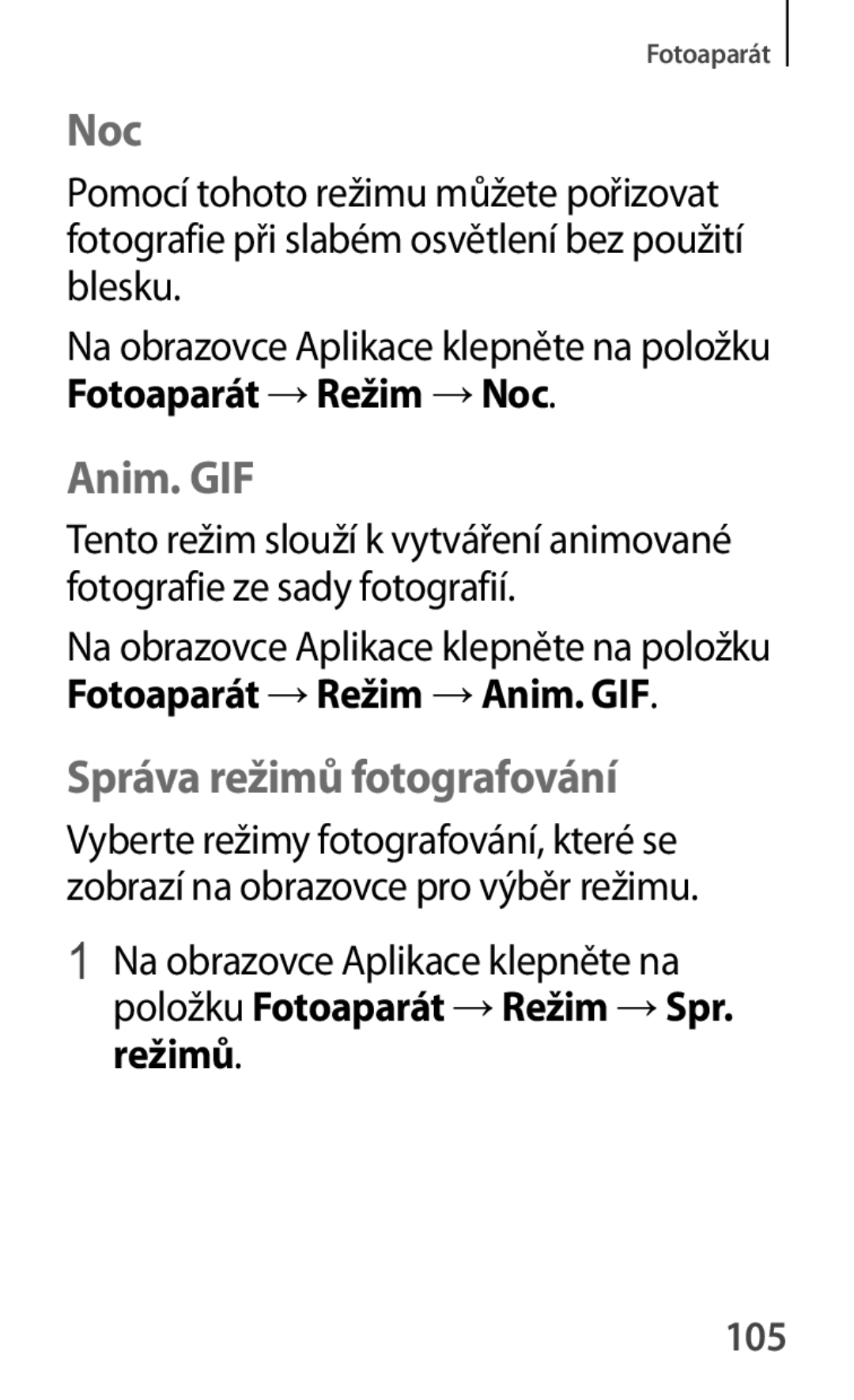 Samsung SM-A500FZKUETL manual Noc, Anim. GIF, Správa režimů fotografování, 105 