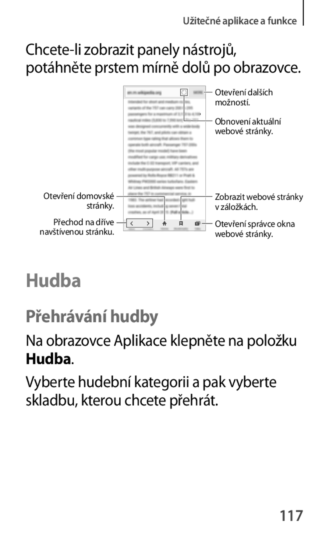 Samsung SM-A500FZKUETL manual Hudba, Přehrávání hudby, 117 