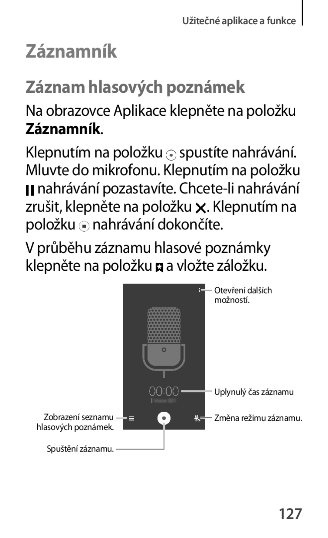 Samsung SM-A500FZKUETL manual Záznamník, Záznam hlasových poznámek, 127 