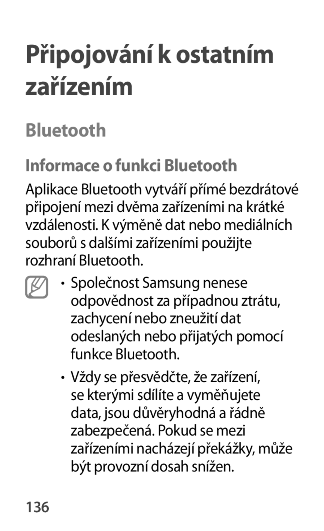 Samsung SM-A500FZKUETL manual Informace o funkci Bluetooth, 136 